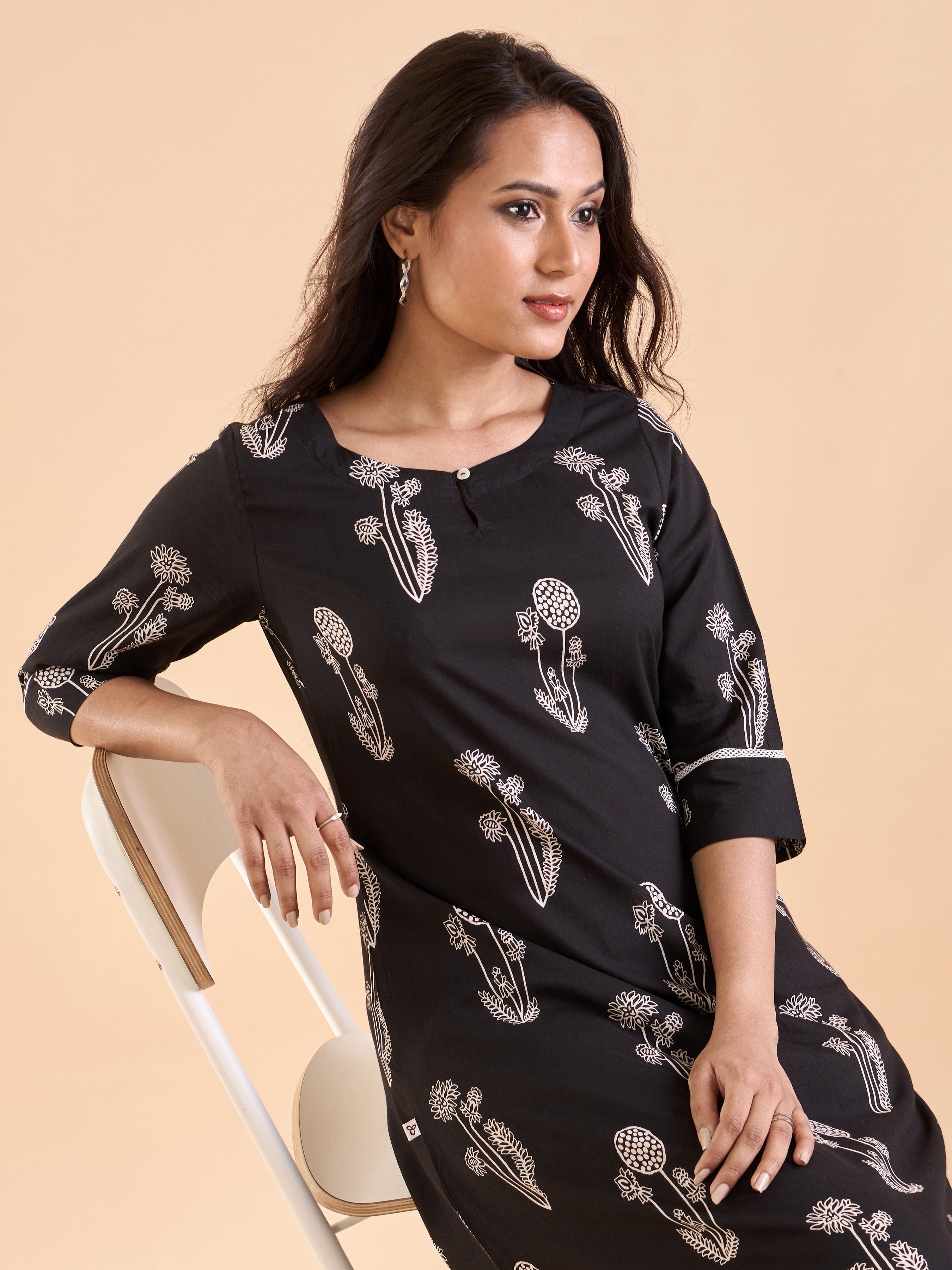 Black Pure Cotton Printed Kurti with Lace Detailing