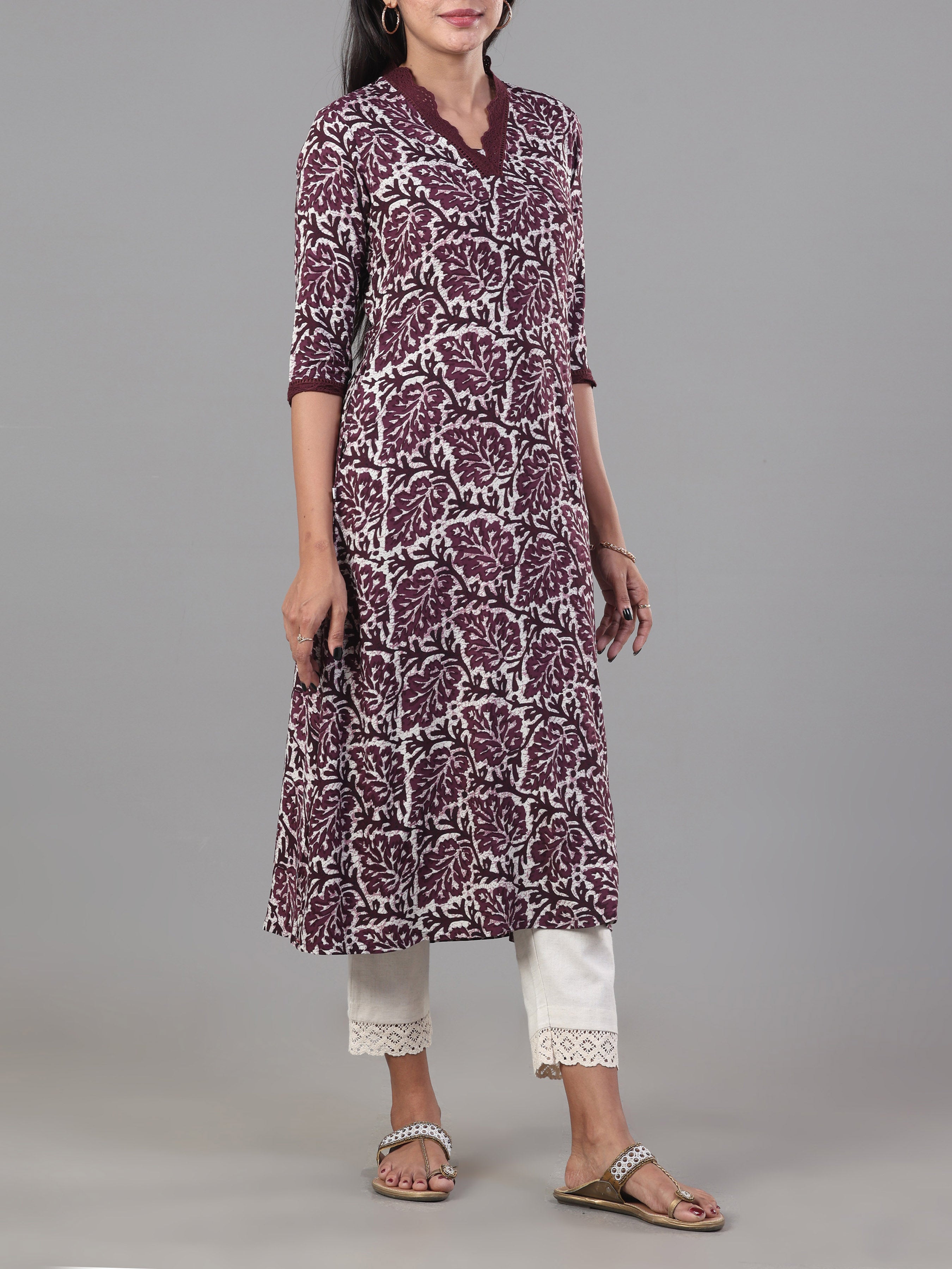 Wine Red Viscose Printed Kurti