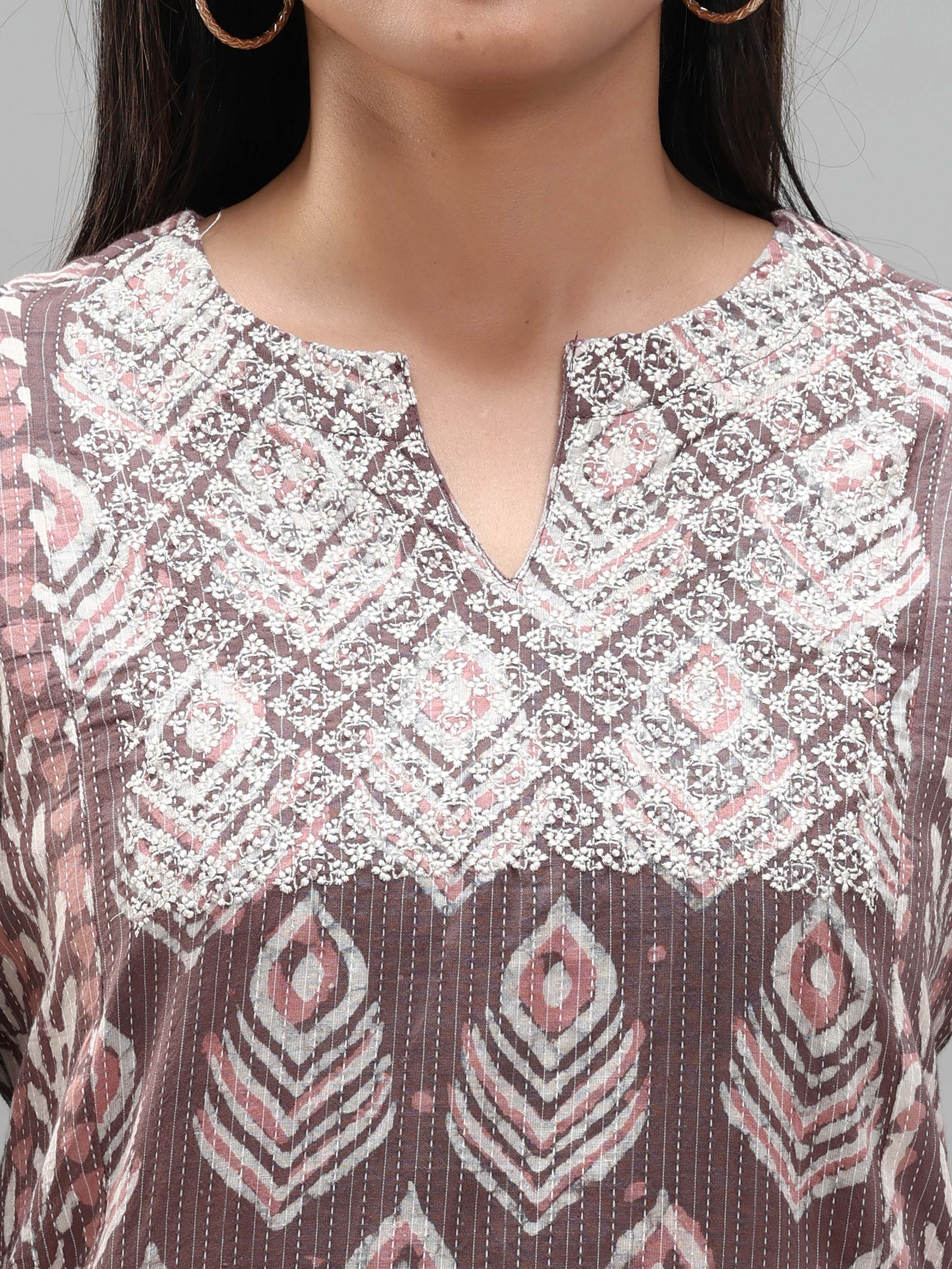 Purple Pure Cotton Printed Kurti With Embroidery And Matching Bottom