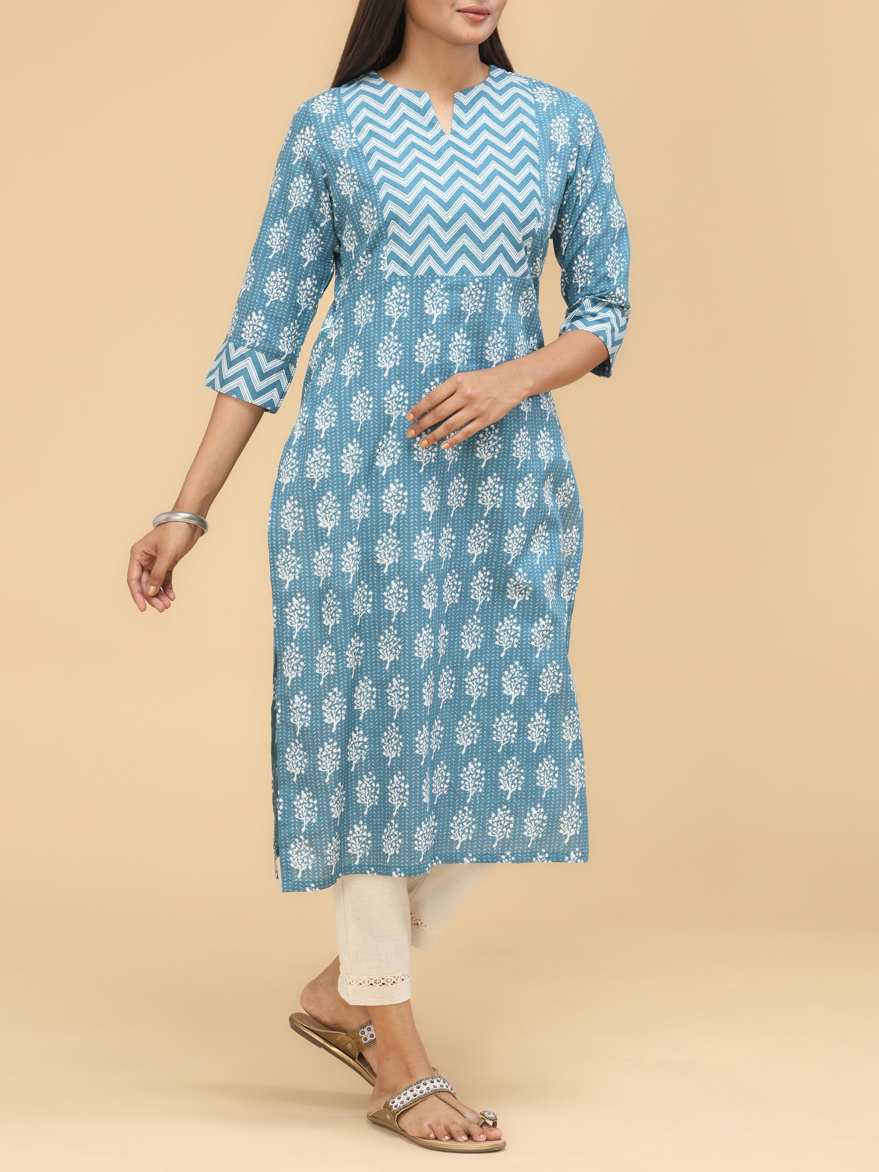 Indigo Blue Pure Cotton Printed Kurti With Sequins Work