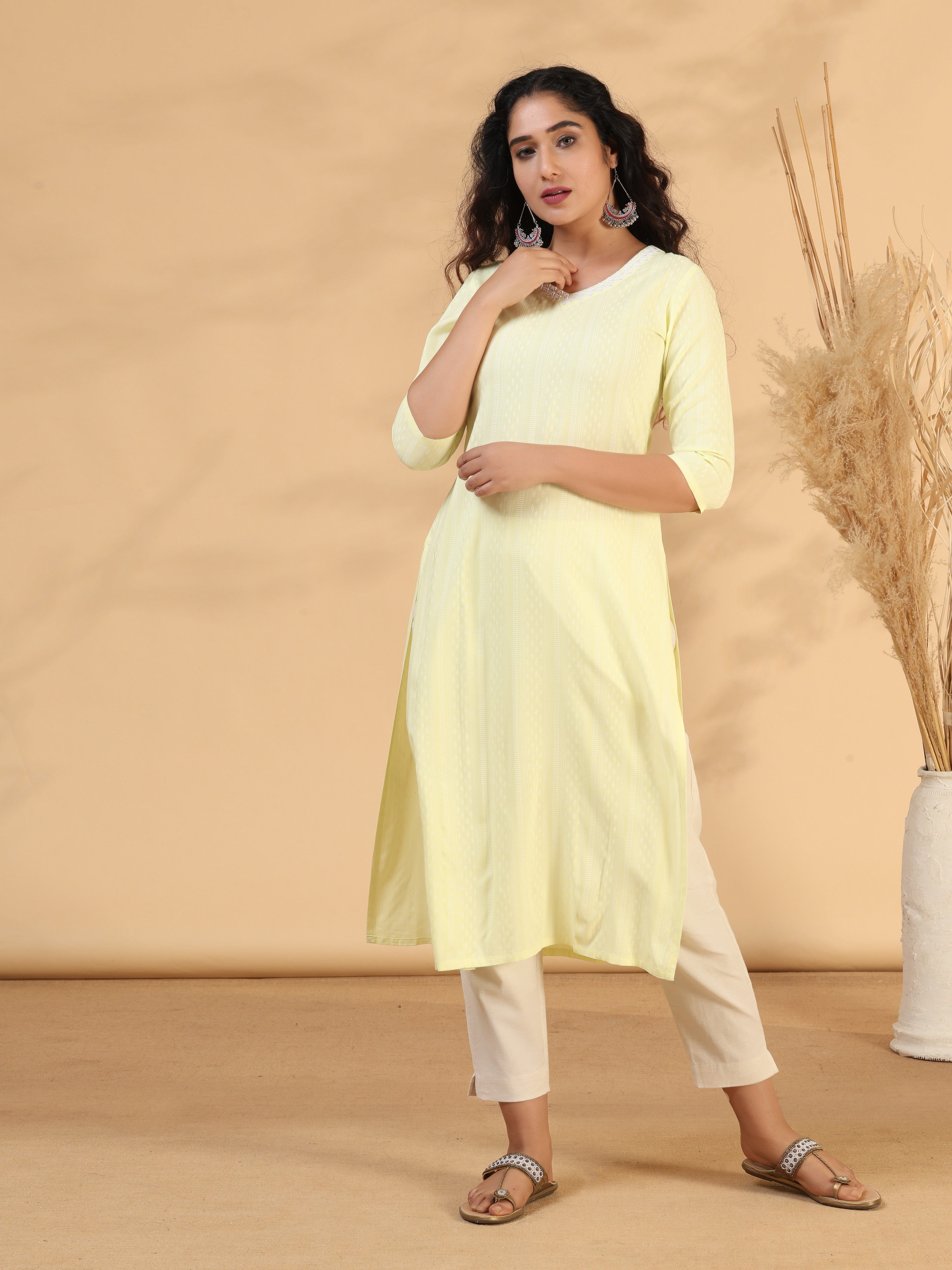 Lemon Yellow Rayon Kurti With Embroidery