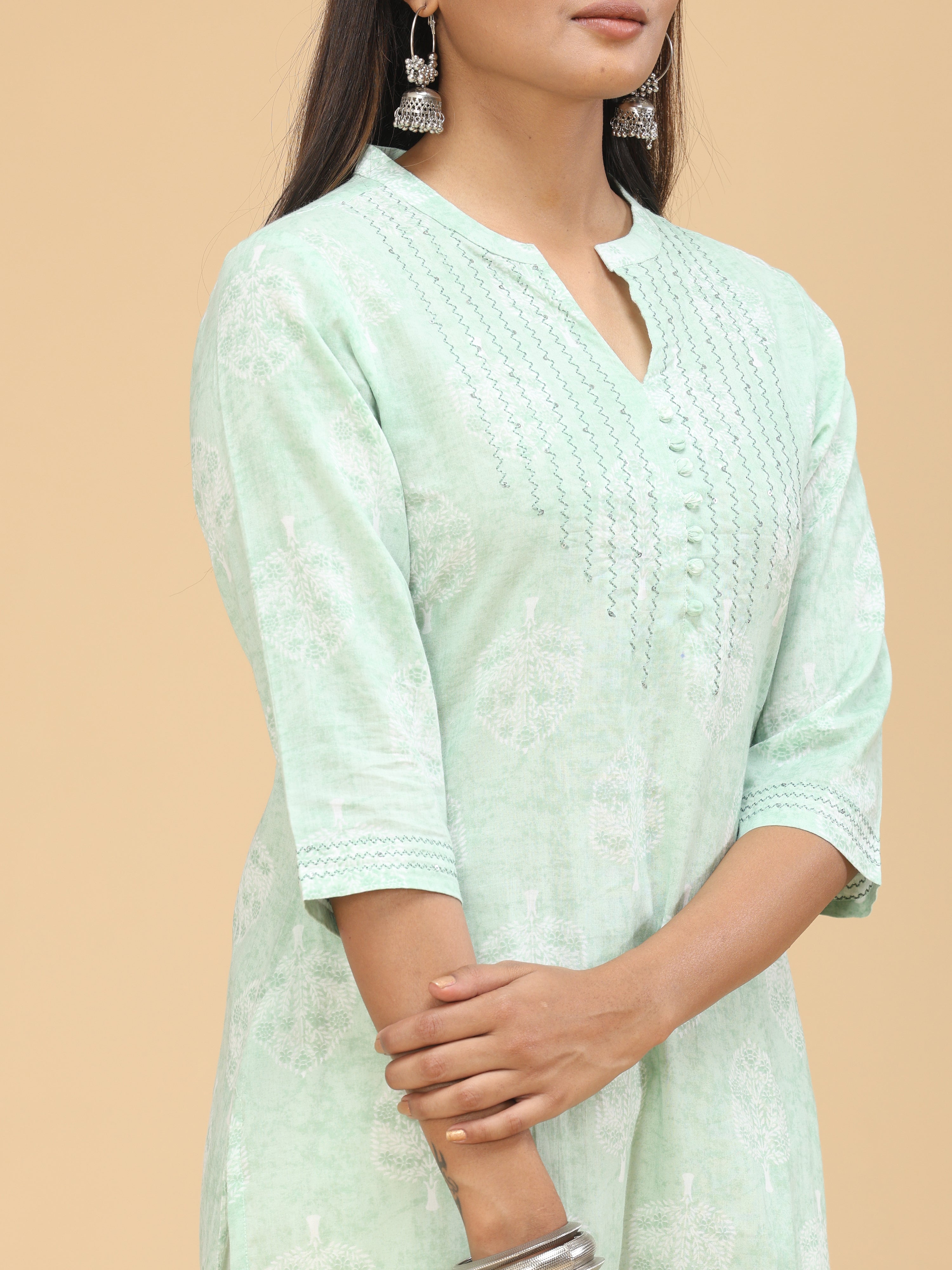 Light Green Pure Cotton Kurti With Print