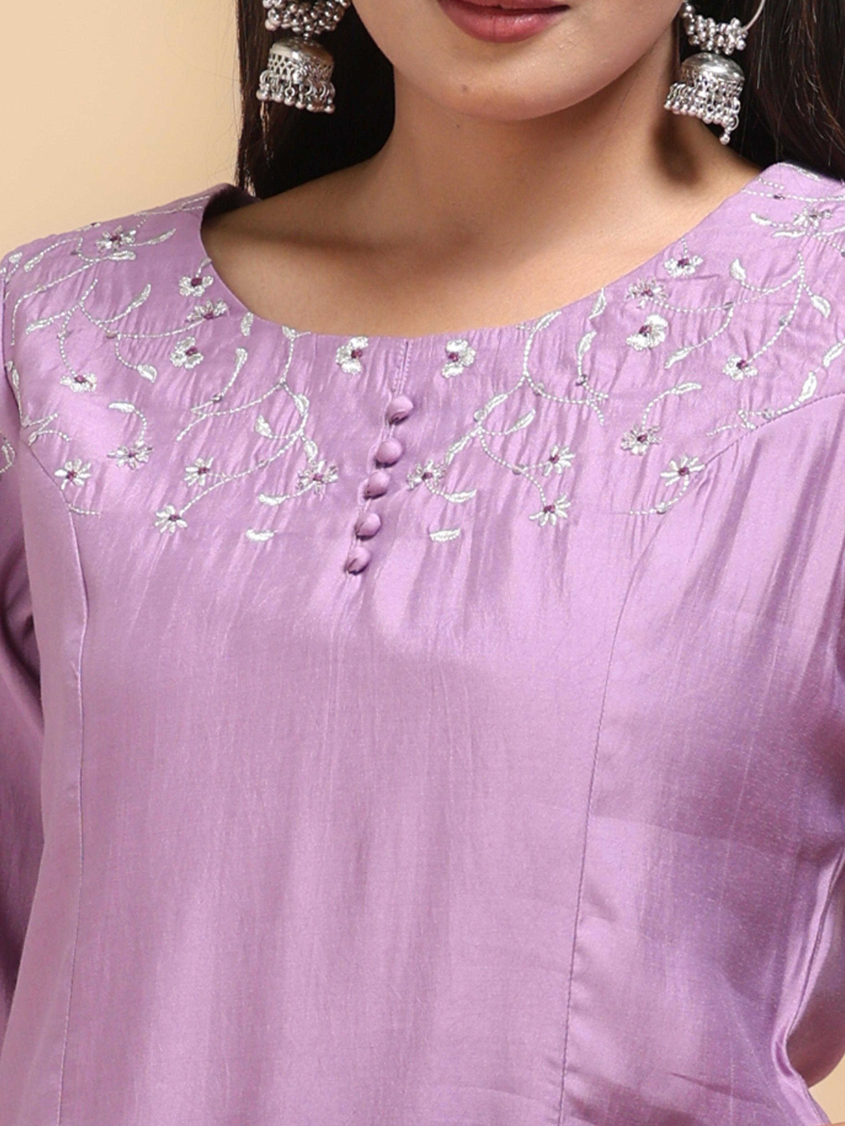 Light Purple Modal Chanderi Kurti With Embroidery And Hand Work