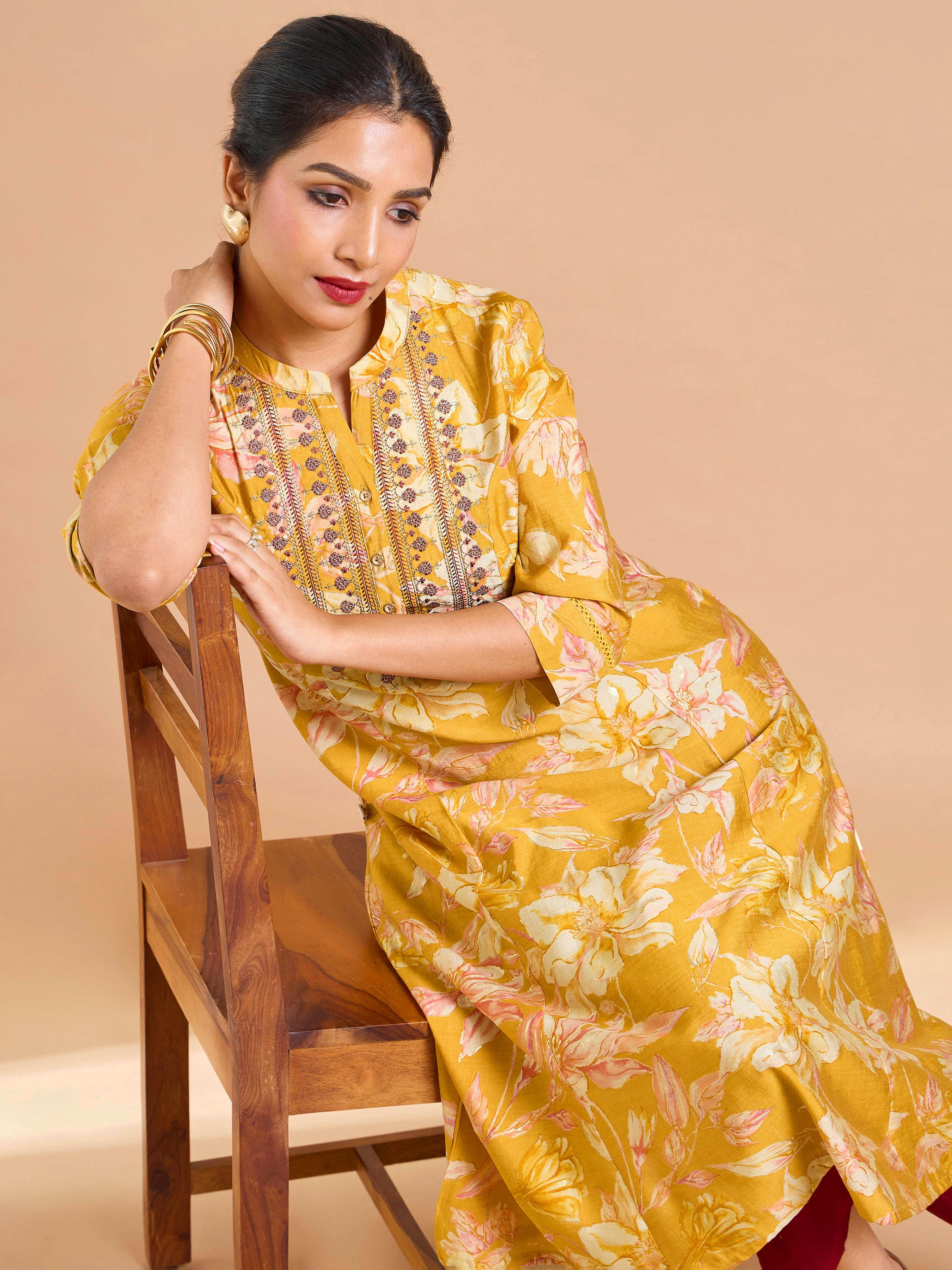 Mustard Yellow Modal Chanderi Printed Kurti With Embroidery