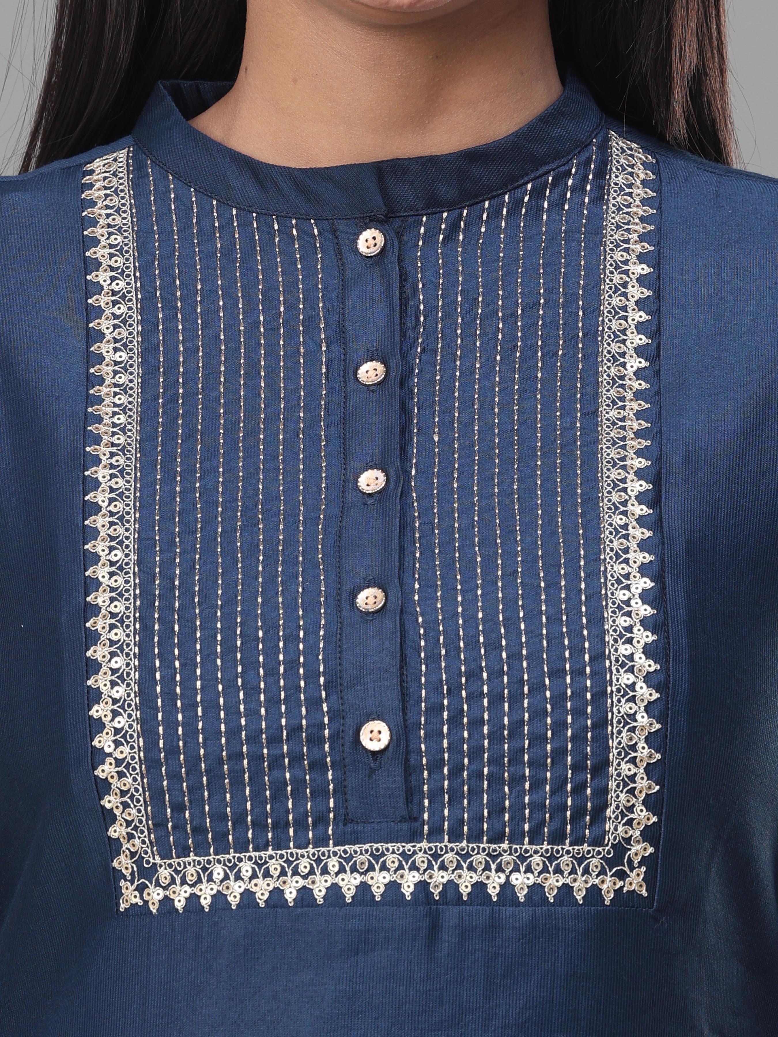 Denim Blue Viscose Kurti With Embroidery
