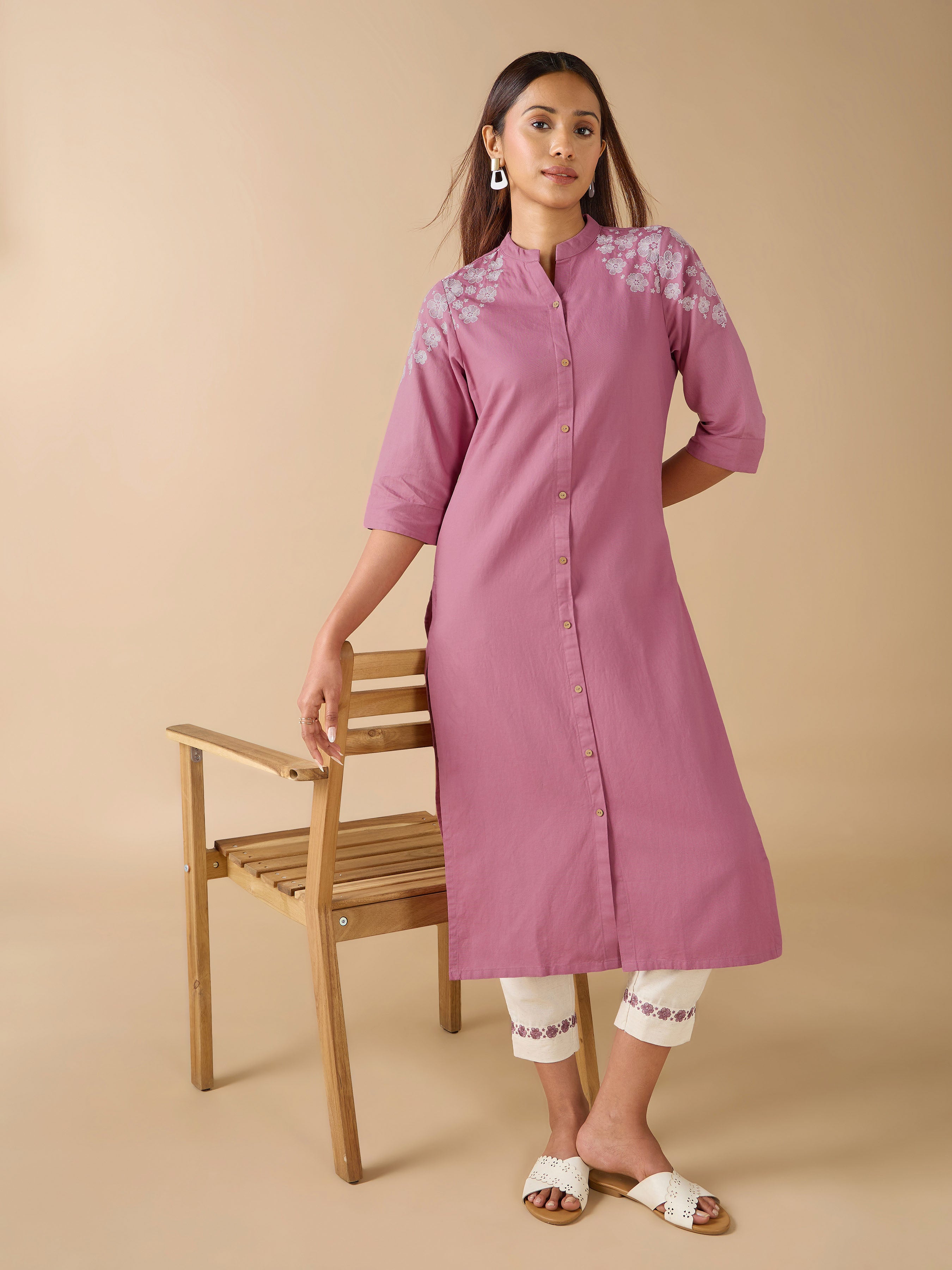 Onion Pink Cotton Linen Plain Kurti With Embroidery And Matching Bottom