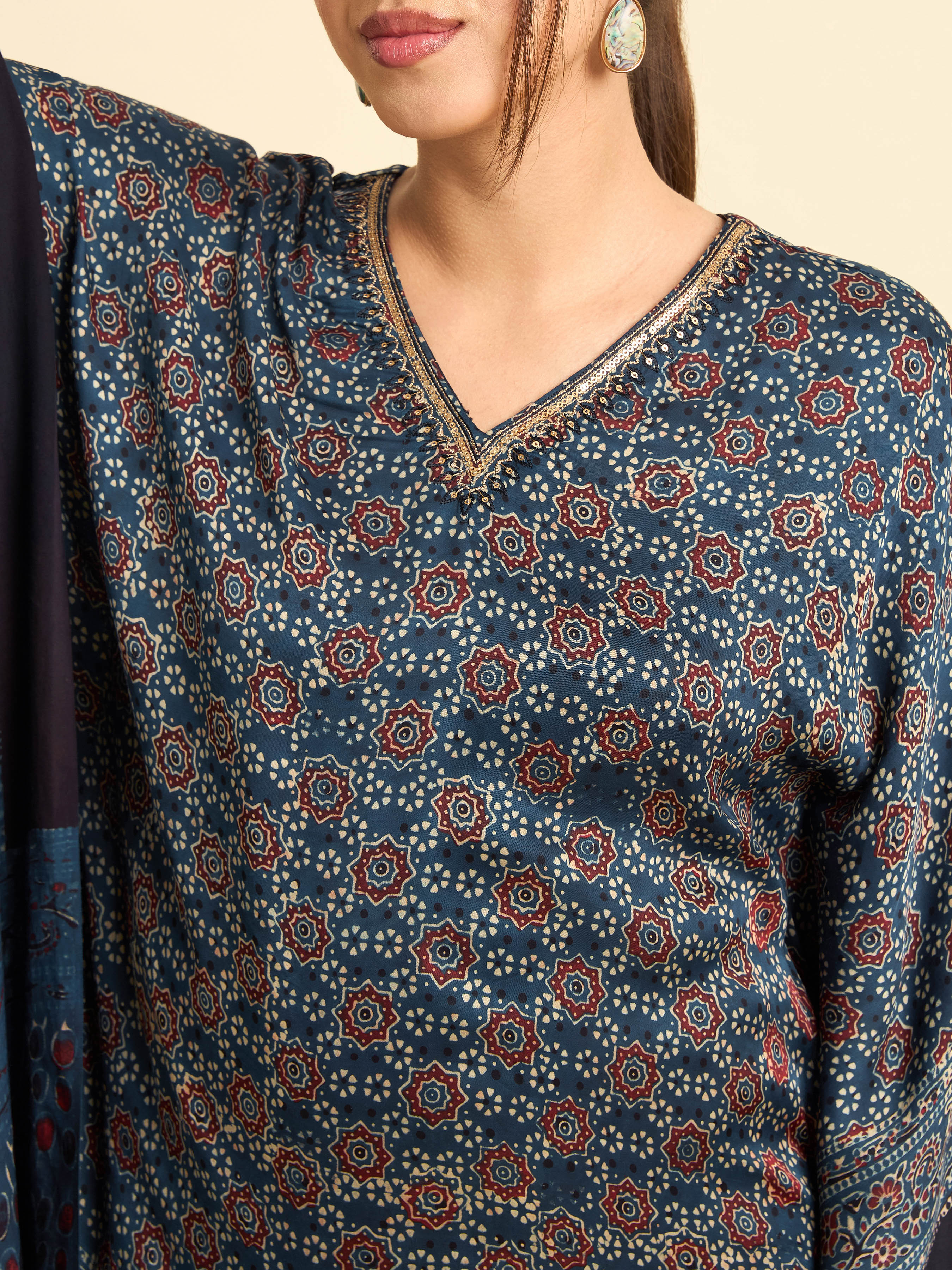 Navy Blue Multi Colour Modal Satin Kaftan With Sequins Embroidery