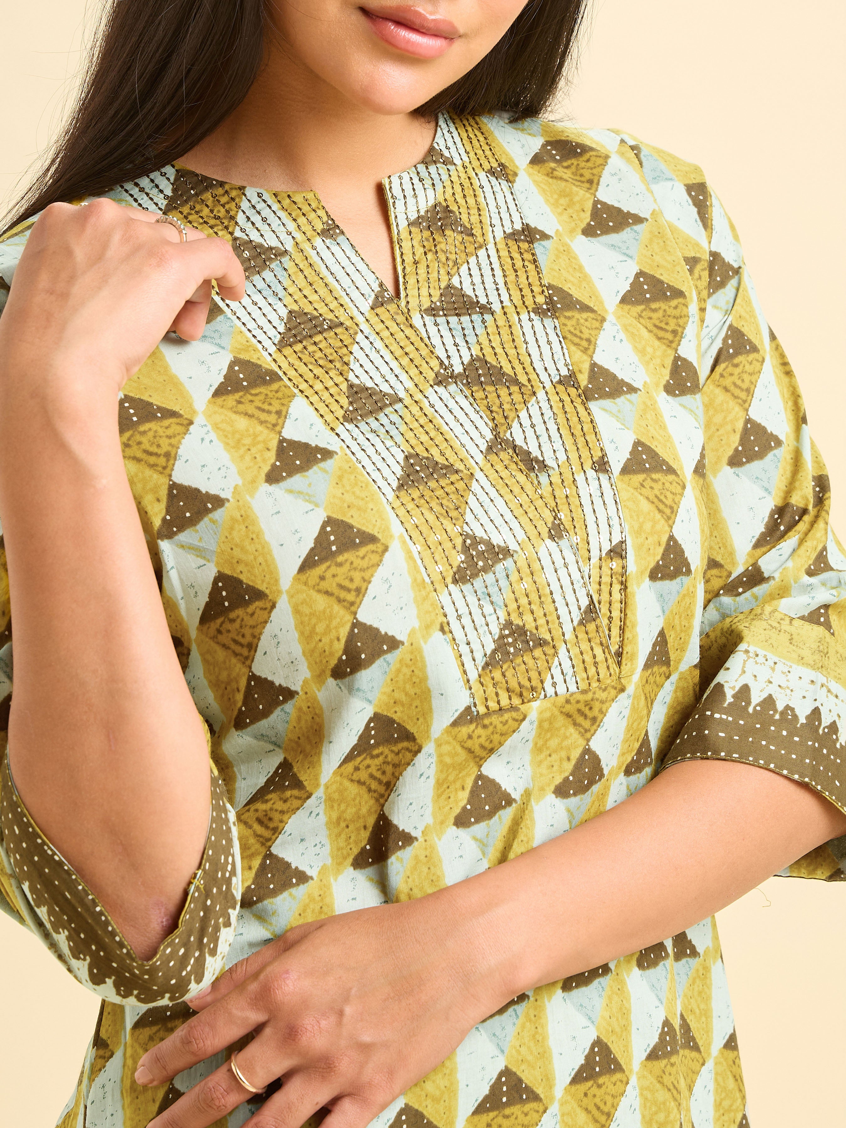 Multi Colour Cotton Printed Kurti Set With Sequins Embroidery
