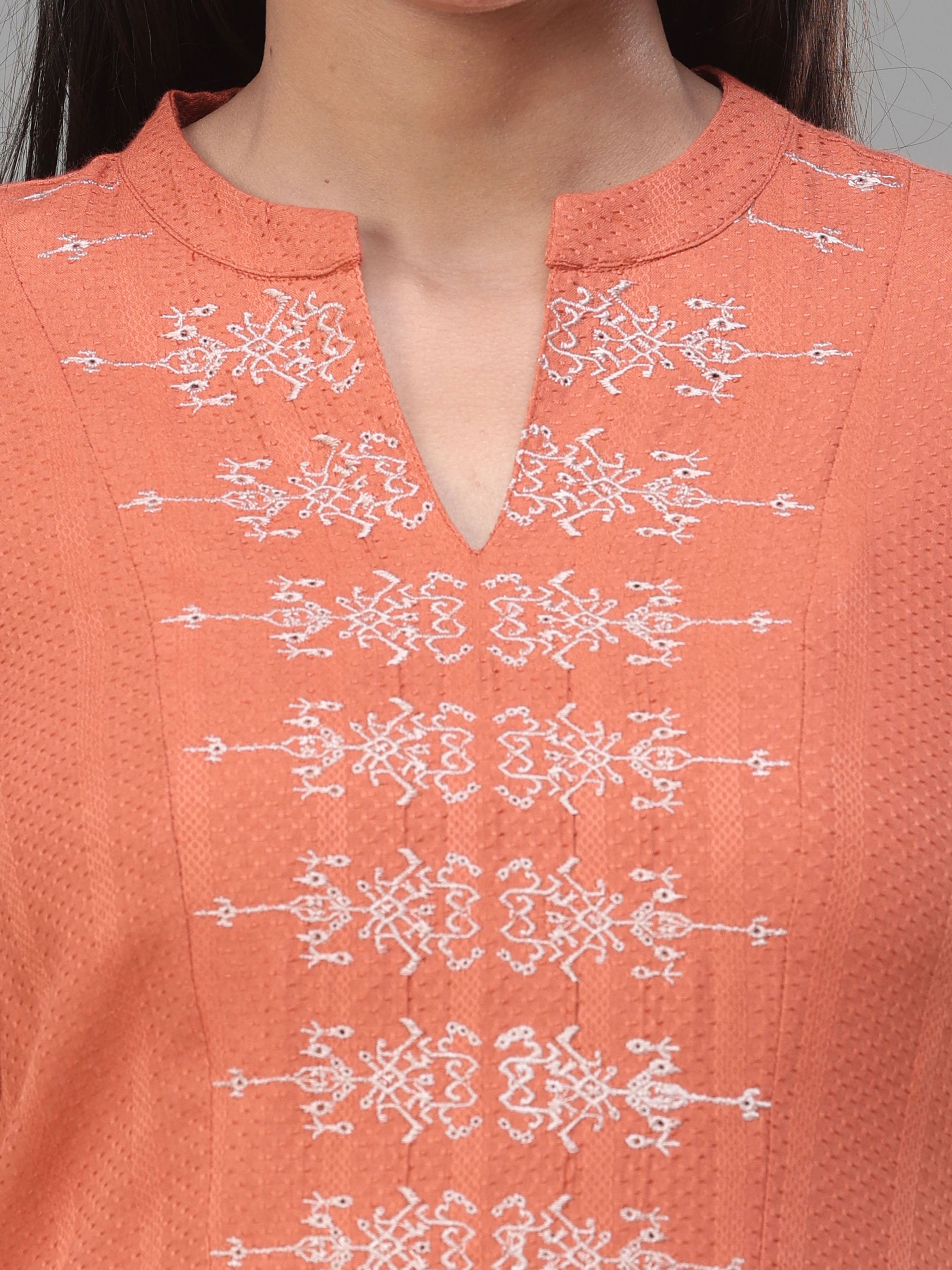 Rust Orange Viscos Jaquard Kurti With Embroidery