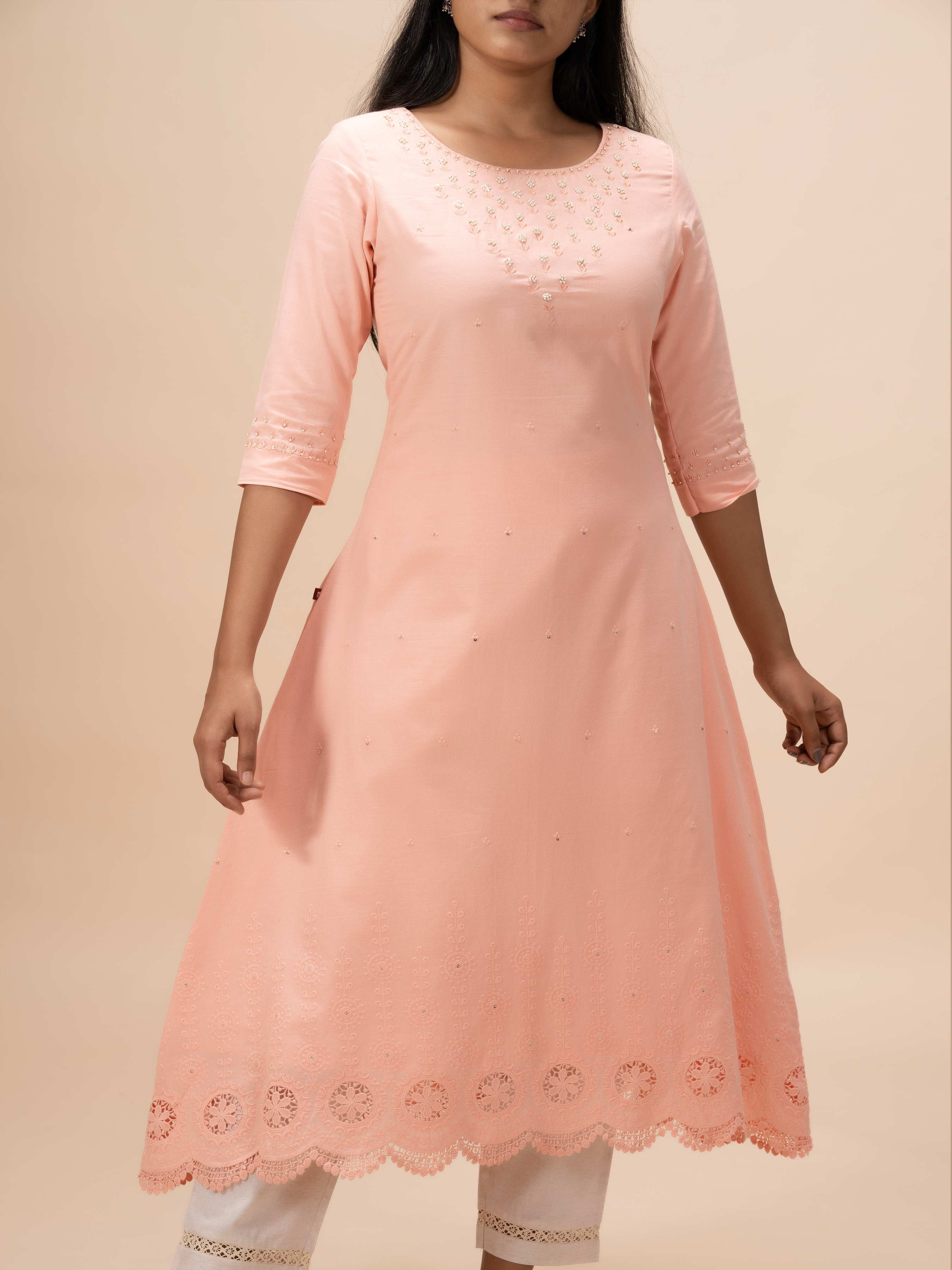 Peach Pure Cotton Kurti With Handwork
