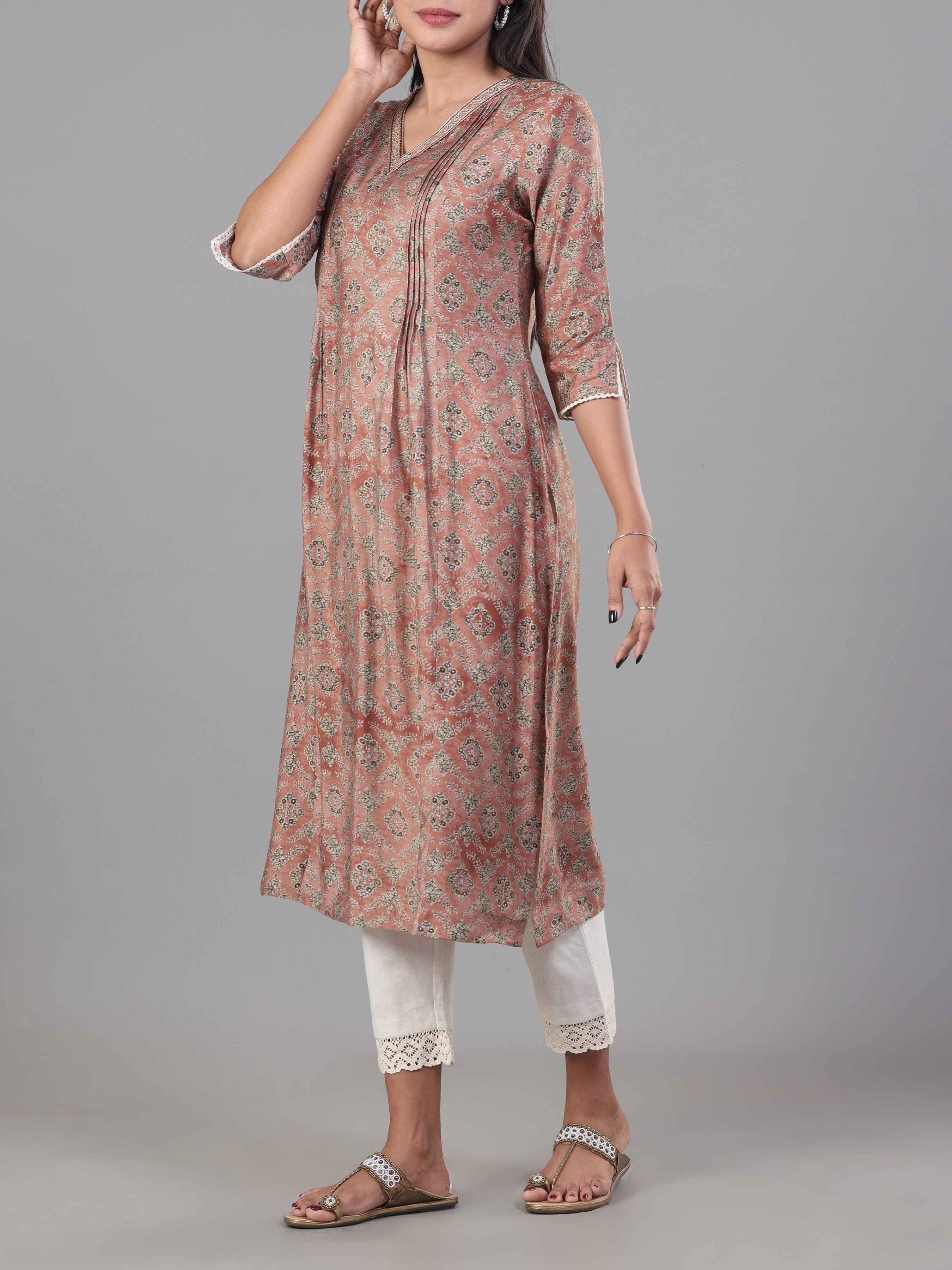 Peach Modal Chanderi Printed Kurti With Embroidery