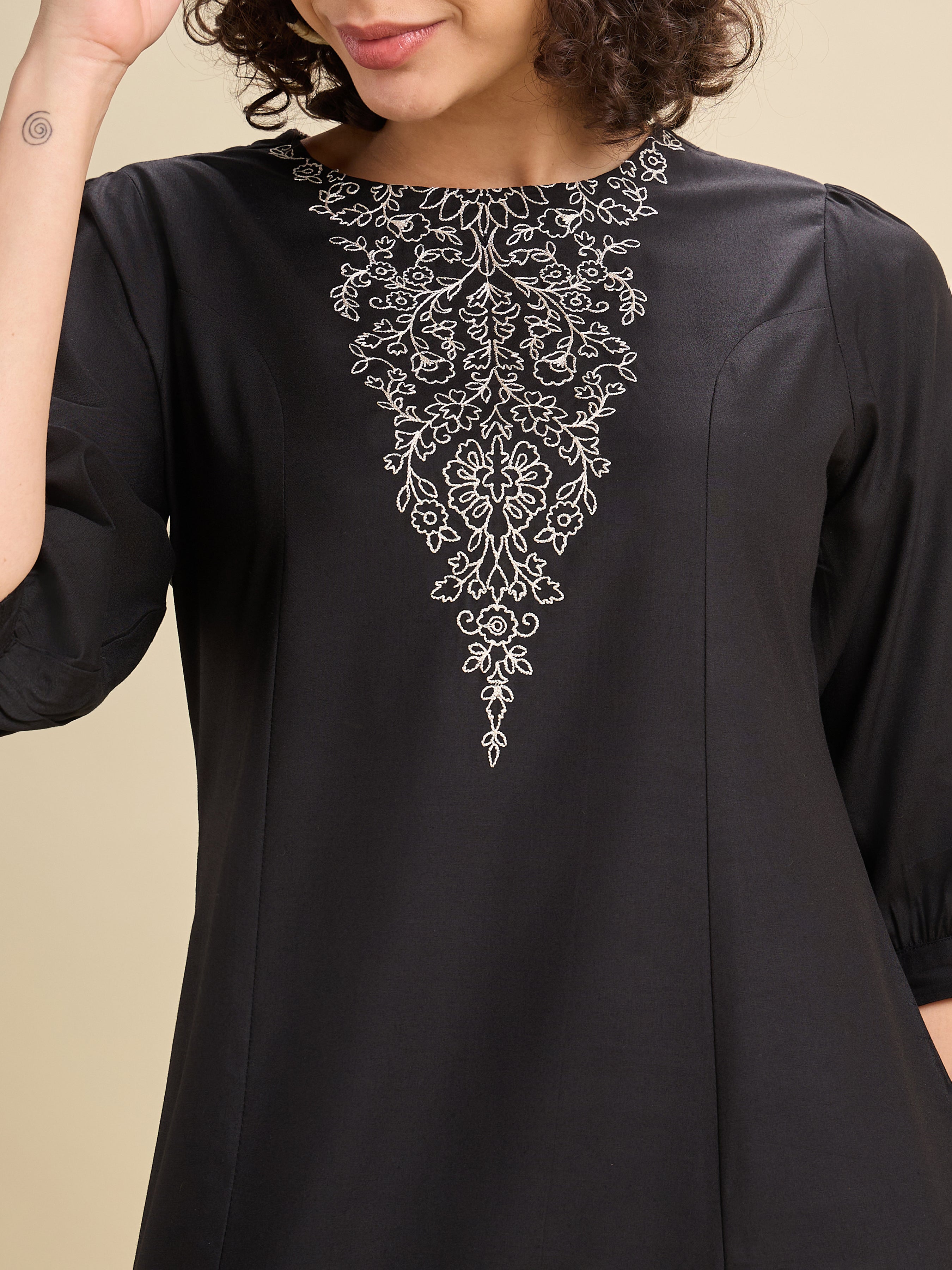 Black Viscose Plain Flared Center Panel Kurti With Embroidery