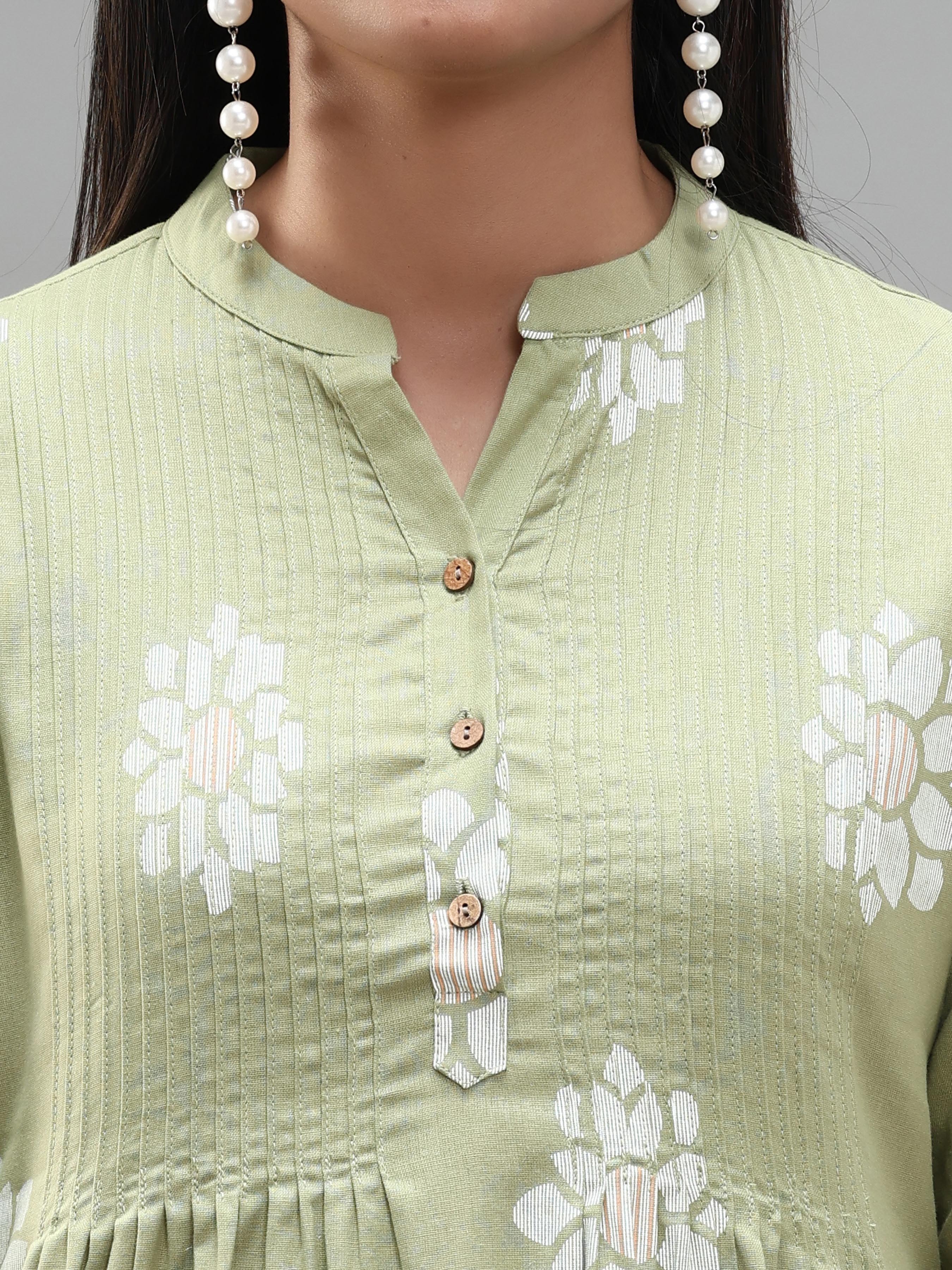 Green Cotton Flax Kurti With Print