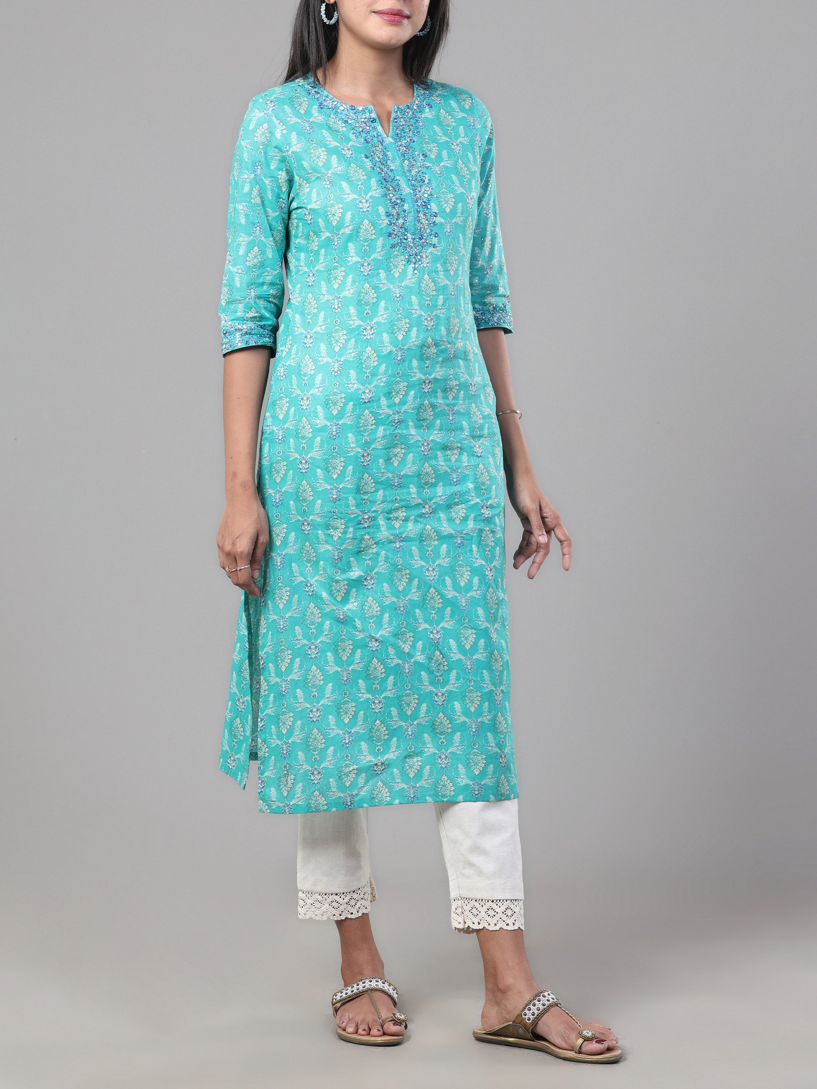 Aqua Blue Pure Cotton Printed Kurti With Embroidery