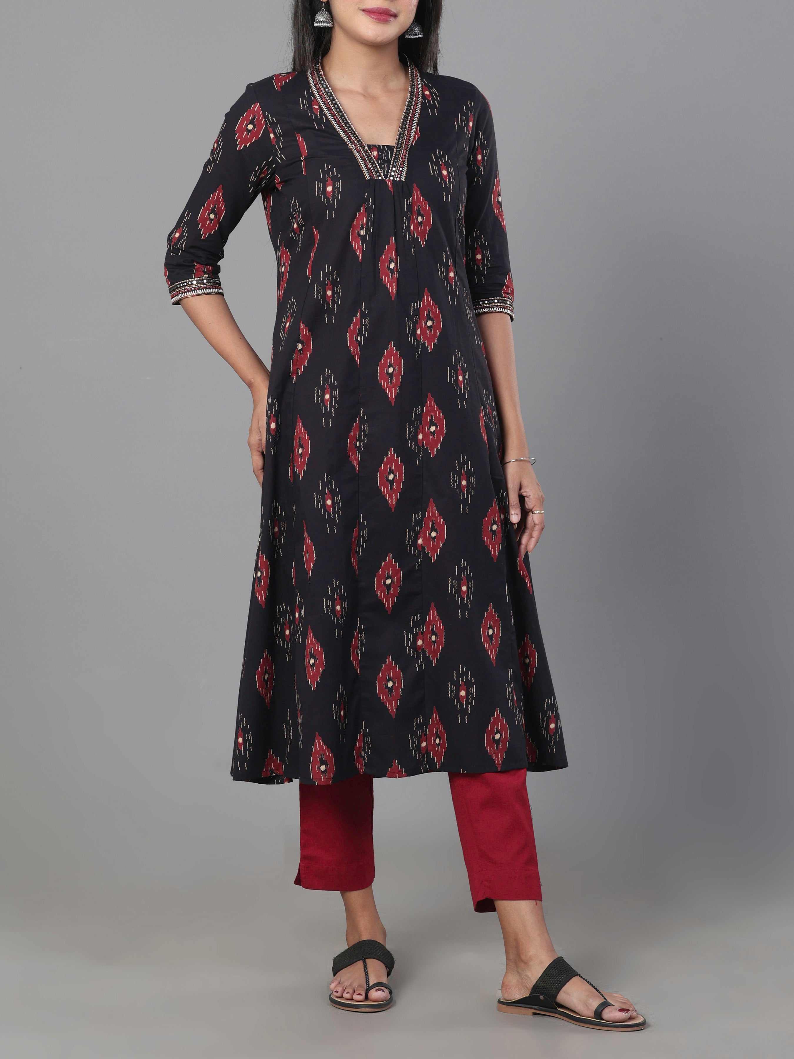 Black Pure Cotton Printed Kurti With Embroidery