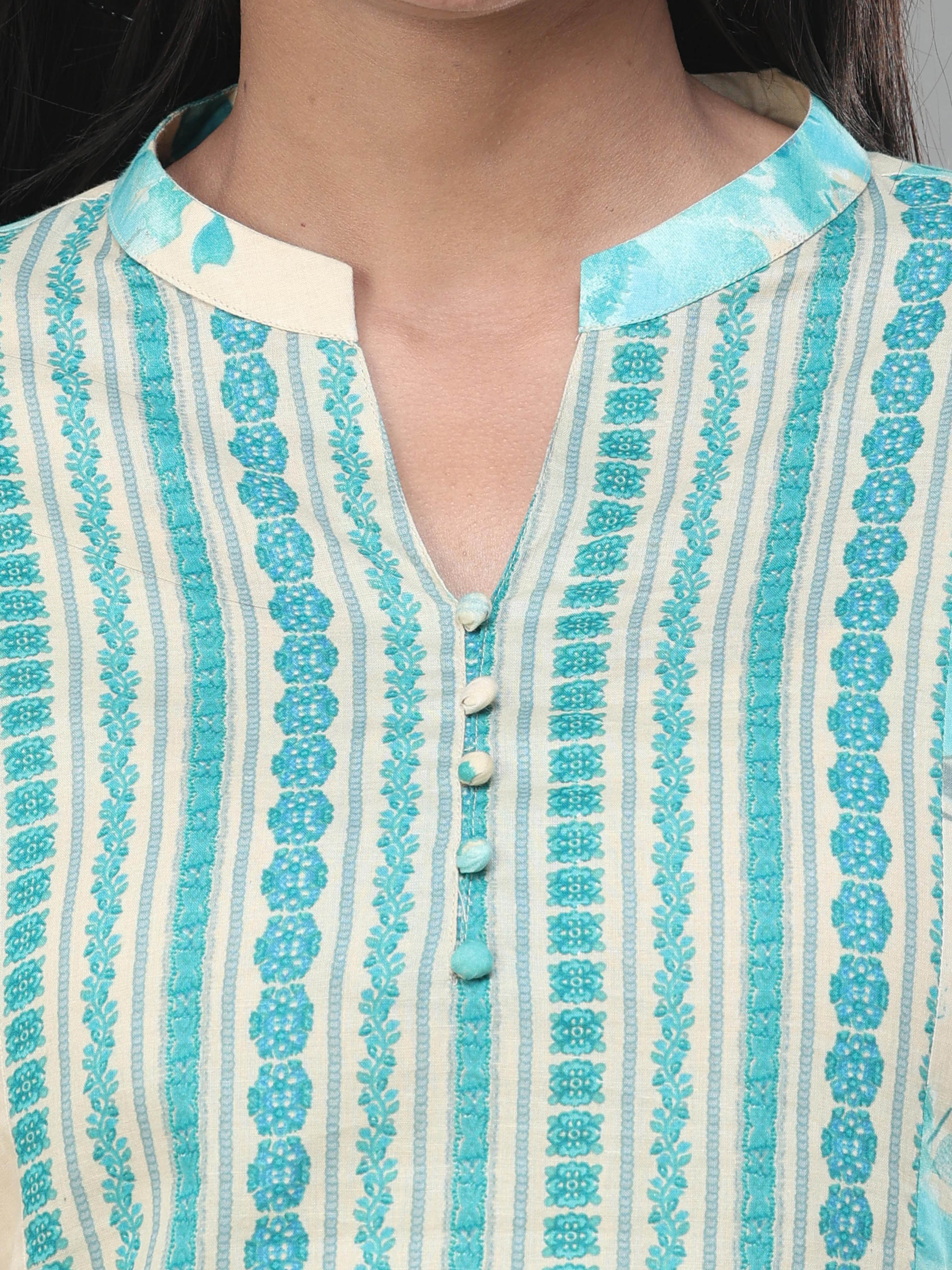 Beige And Blue Pure Cotton Printed Kurti With Center Cut