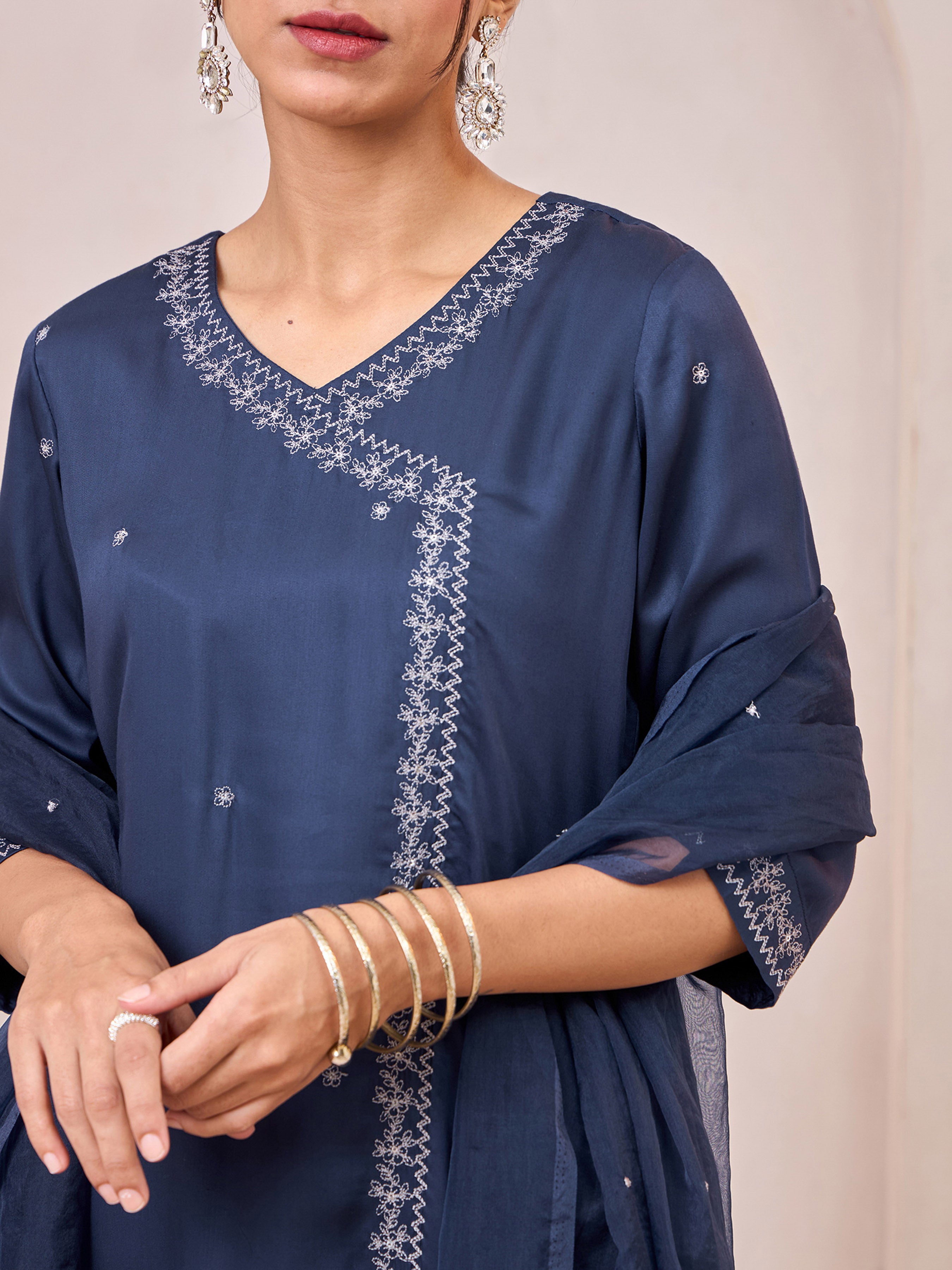 Navy Blue Viscose Plain Kurti Set & Dupatta With Hand Work Embroidery