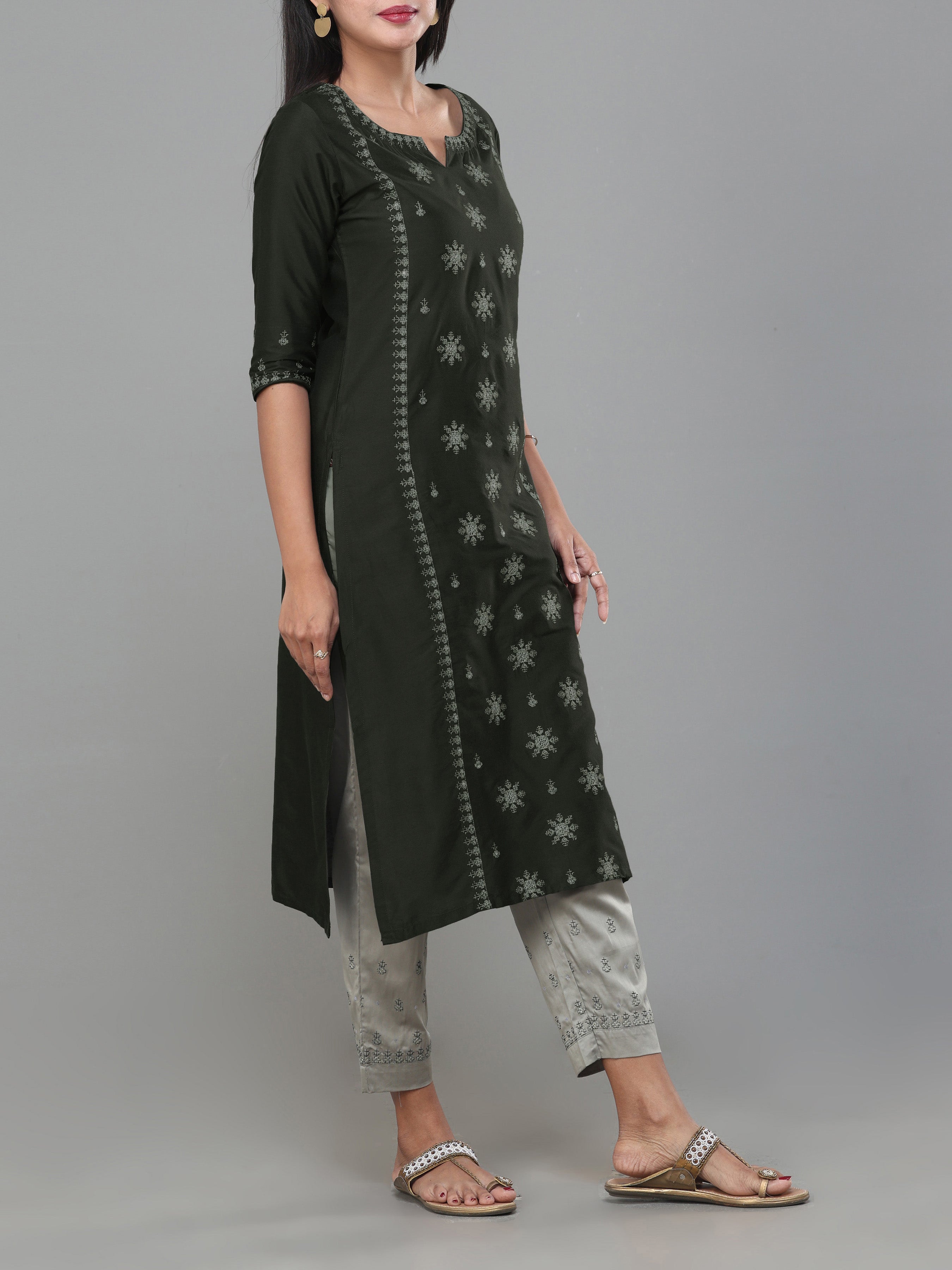 Olive Green Poly Viscose Kurti With Embroidery And Matching Bottom