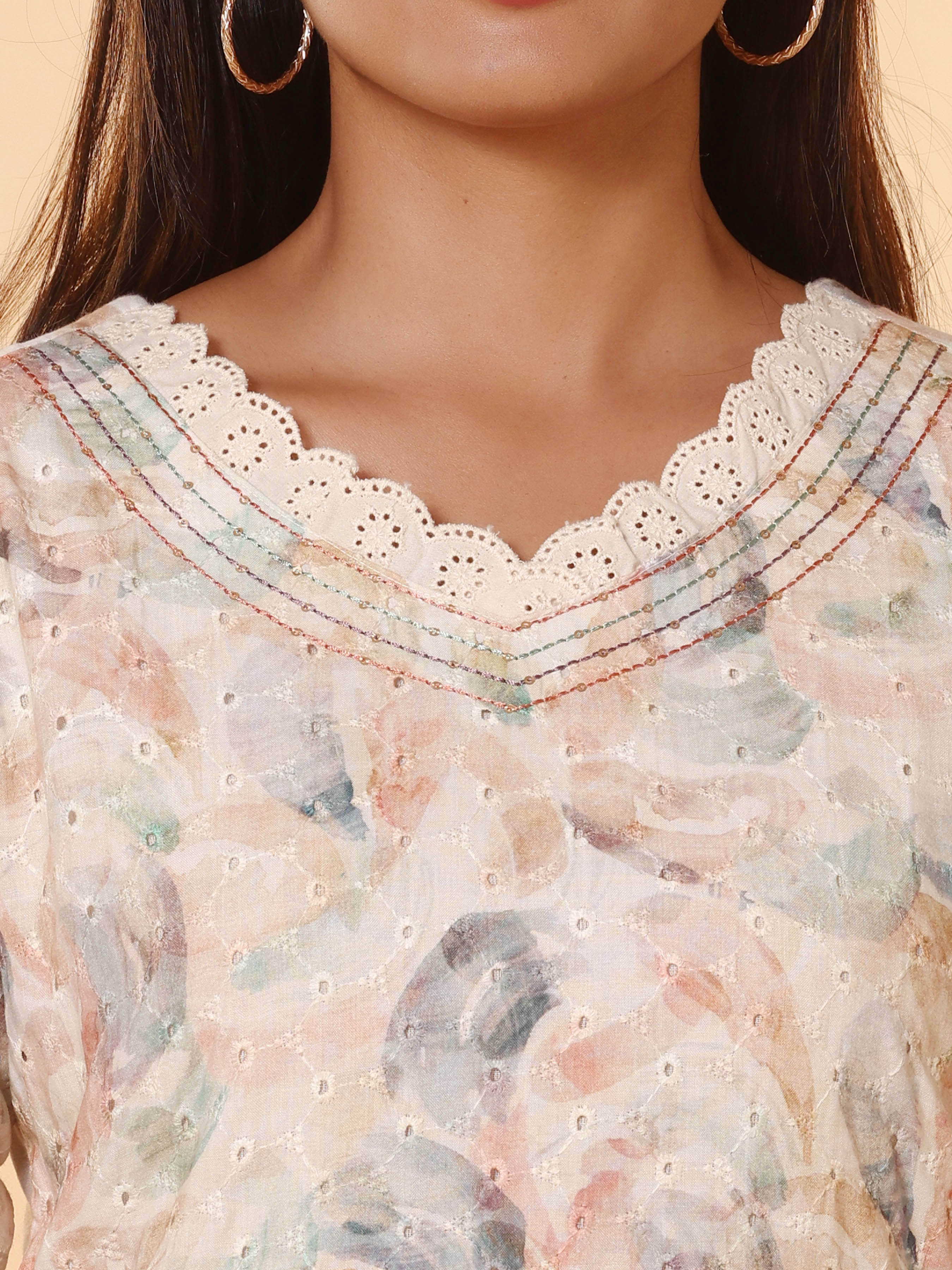 Multi-Colour Cotton Schiffli Printed Kurti With Embroidery And Matching Bottom