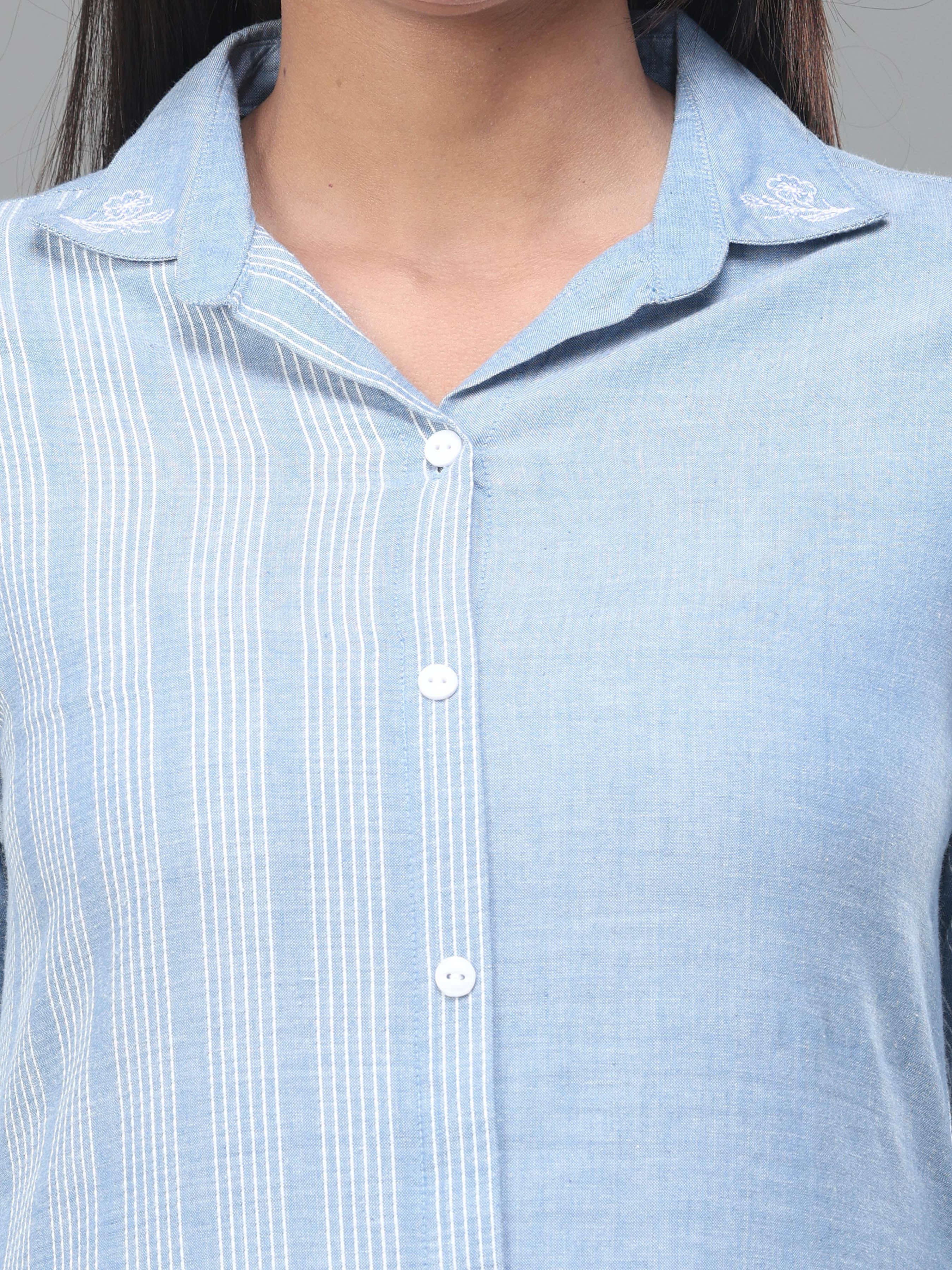 Denim Blue Cotton Dobby Kurti With Shirt Collar