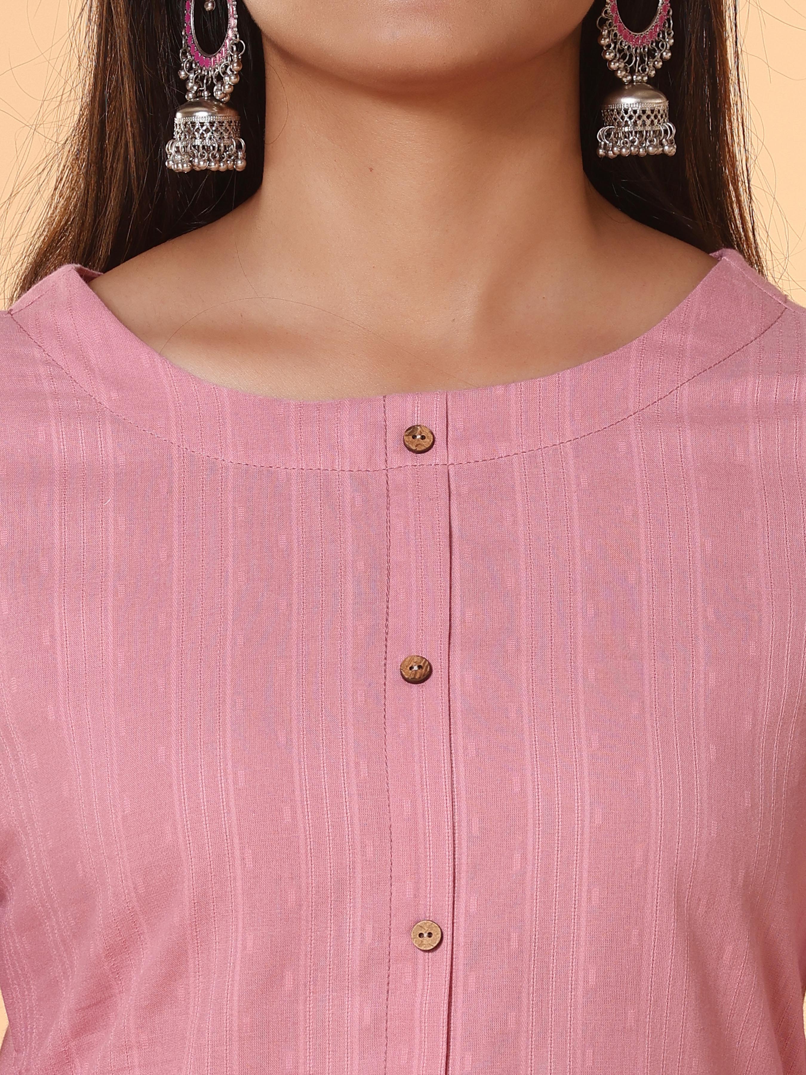 Pink Cotton Dobby Kurti With Embroidery
