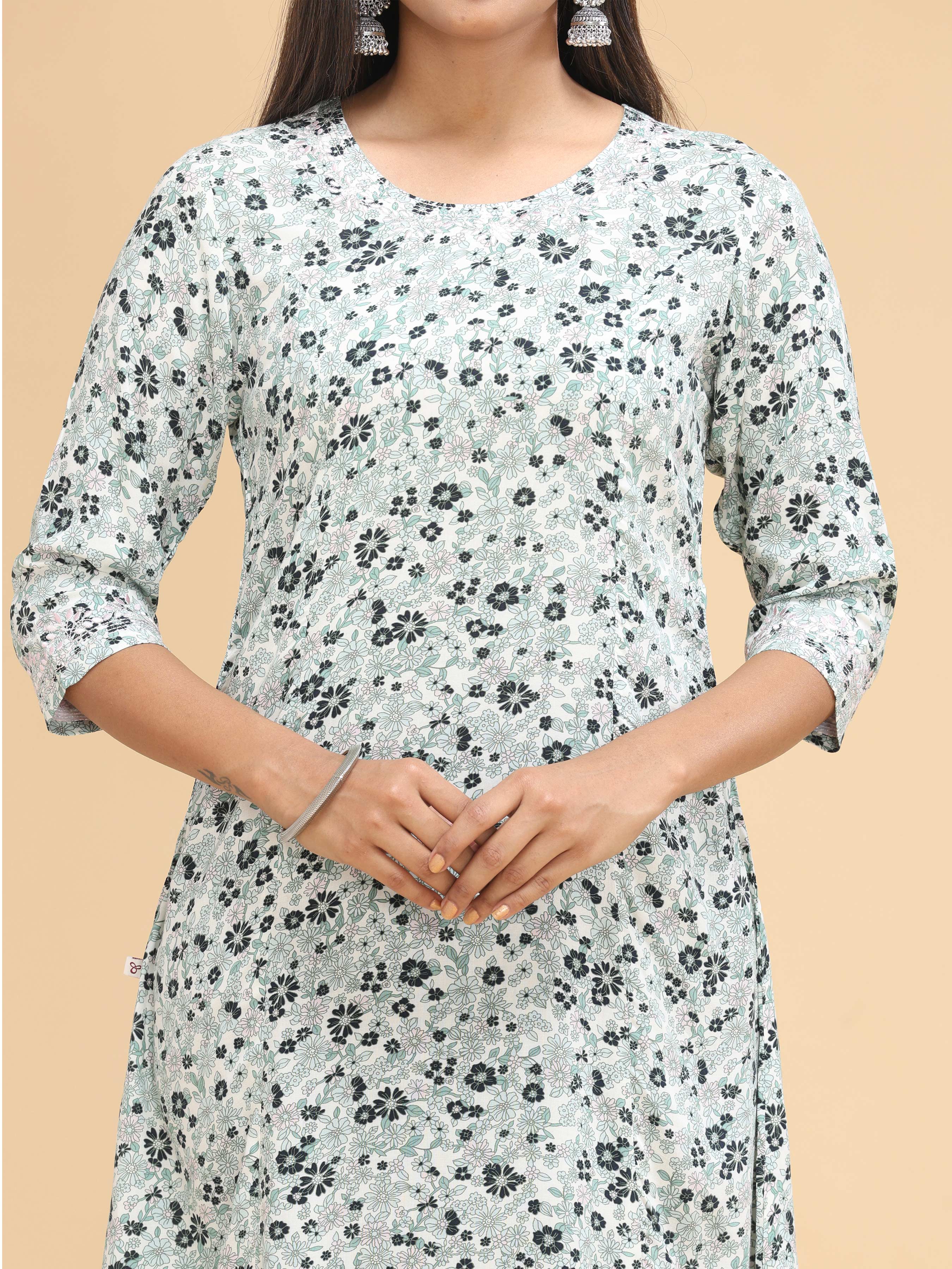Multi-Colour Cotton Falx Floral Printed Princess Cut Kurti With Embroidery