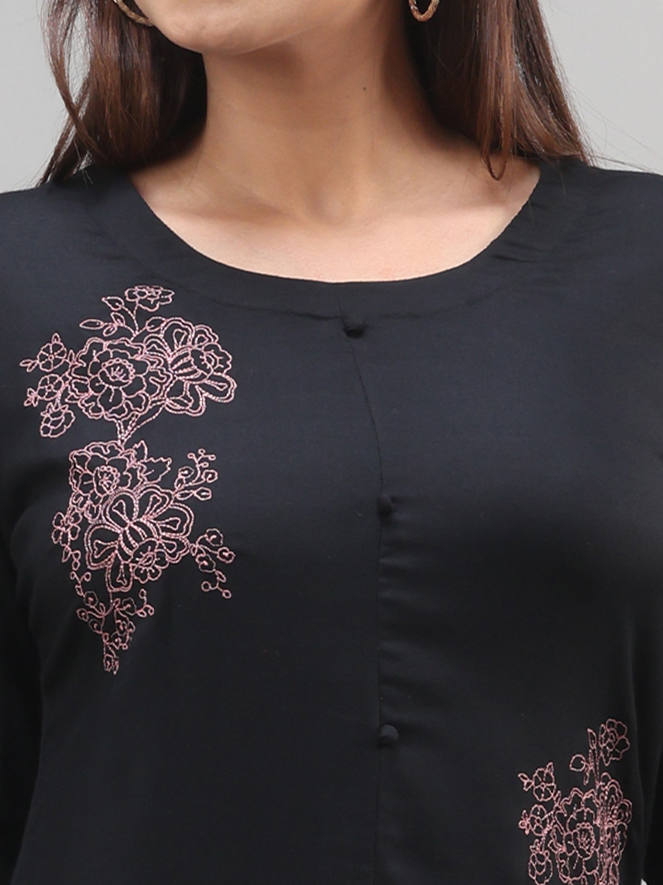 Black Viscose Plain Kurti With Embroidery