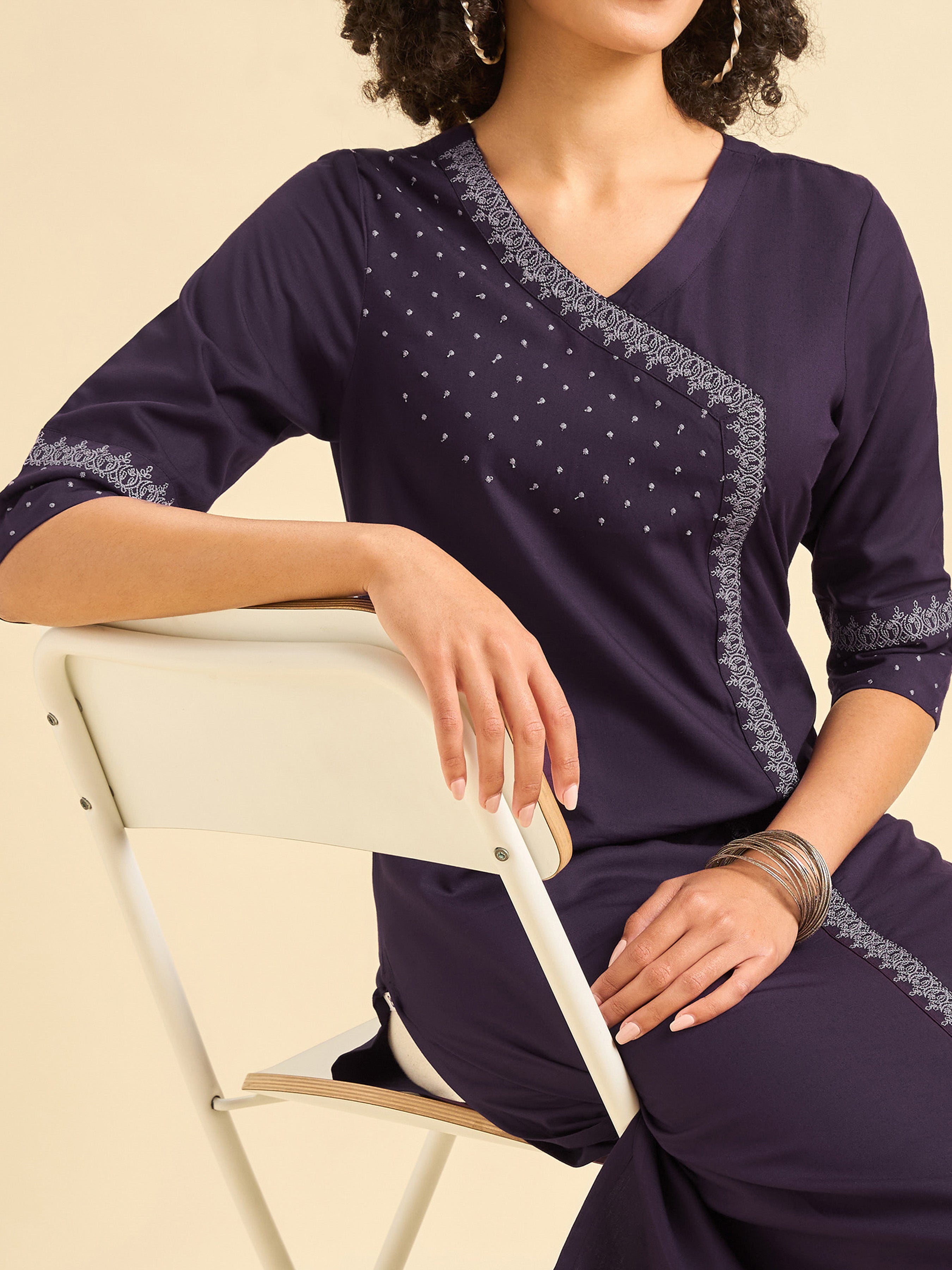 Purple Viscose Plain Slited Kurti With Embroidery