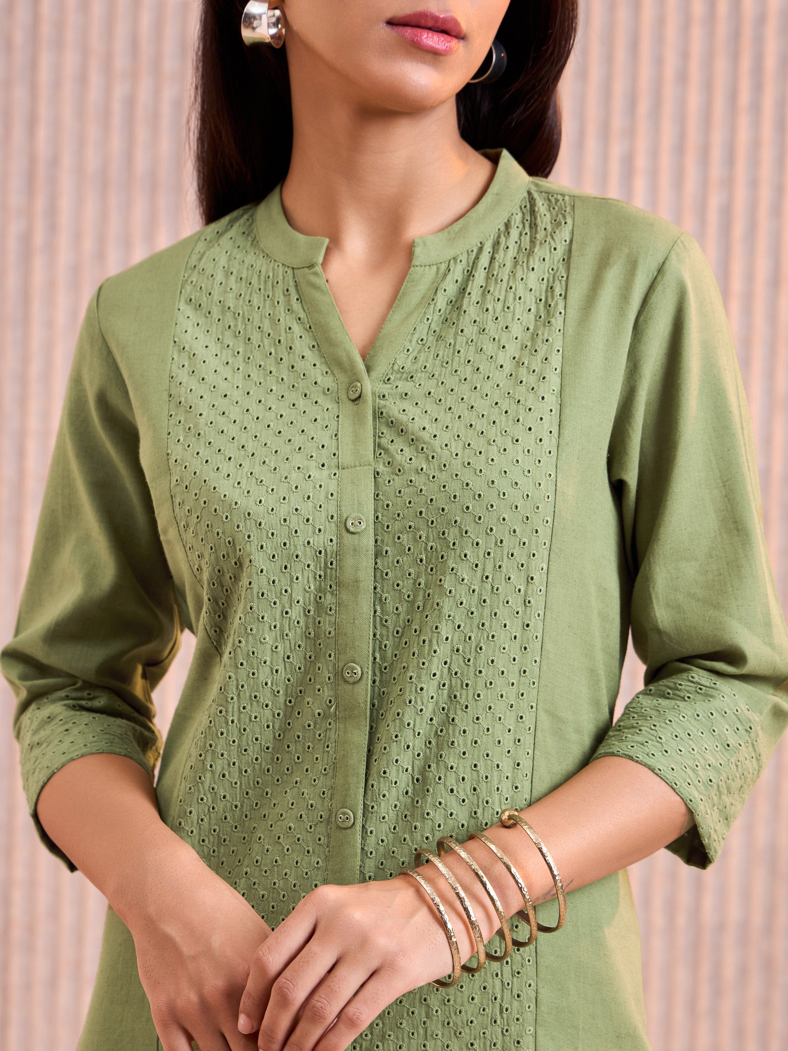 Olive Green Cotton Flax Kurti & Bottom With Lace