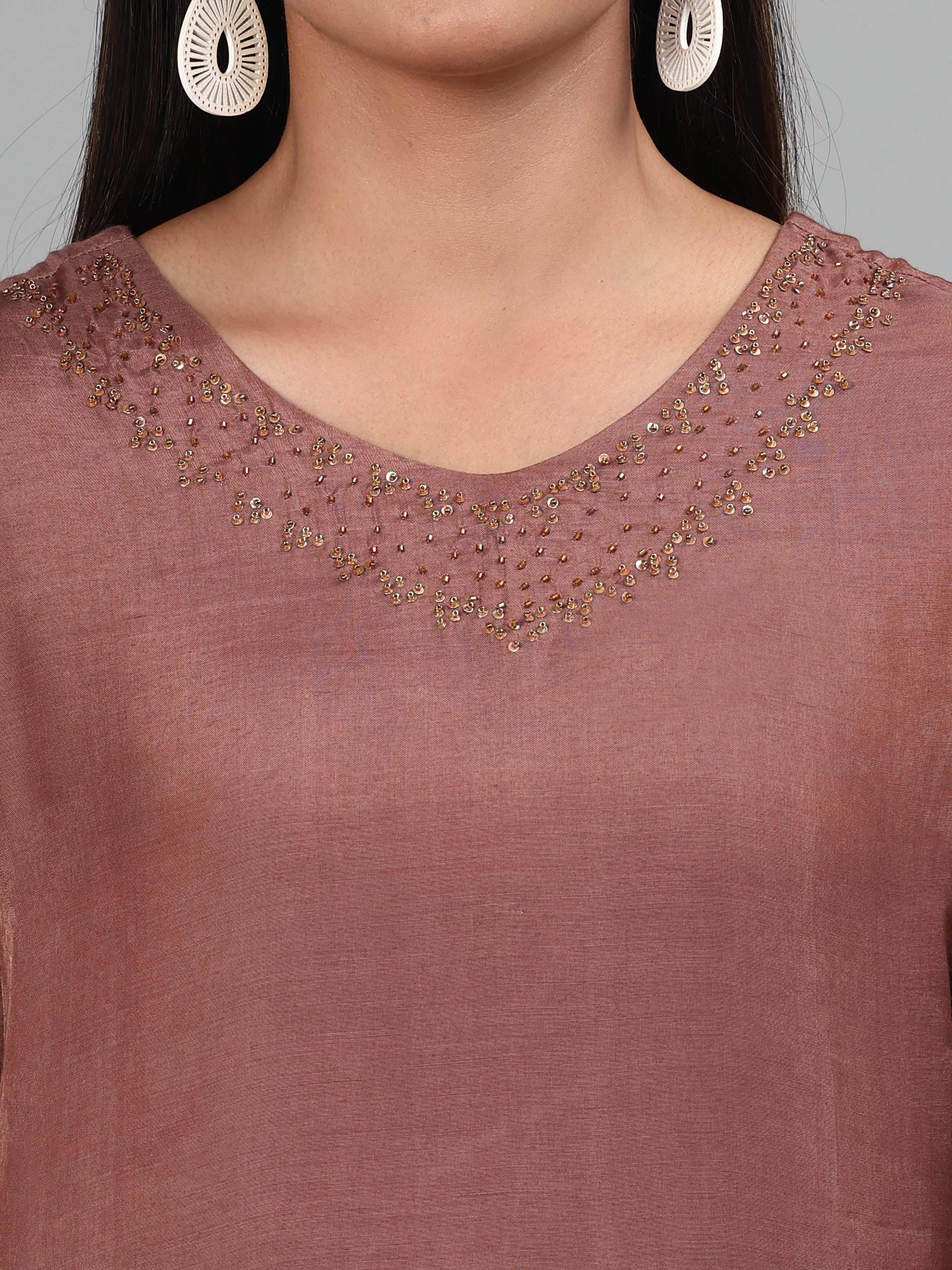 Coffee Brown Viscose Plain Kurti With Hand Work
