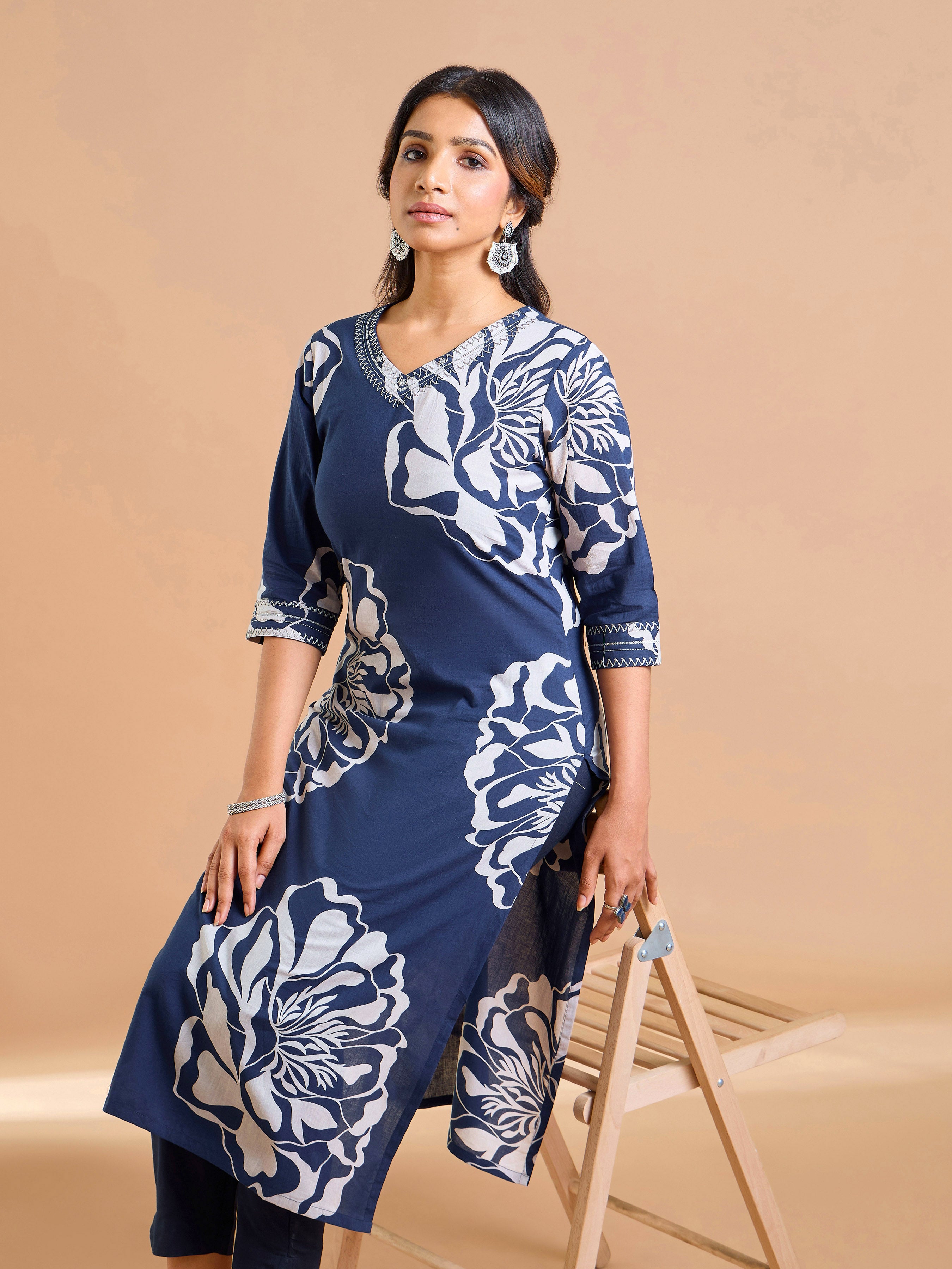Navy Blue Pure Cotton Printed Kurti Embroidery