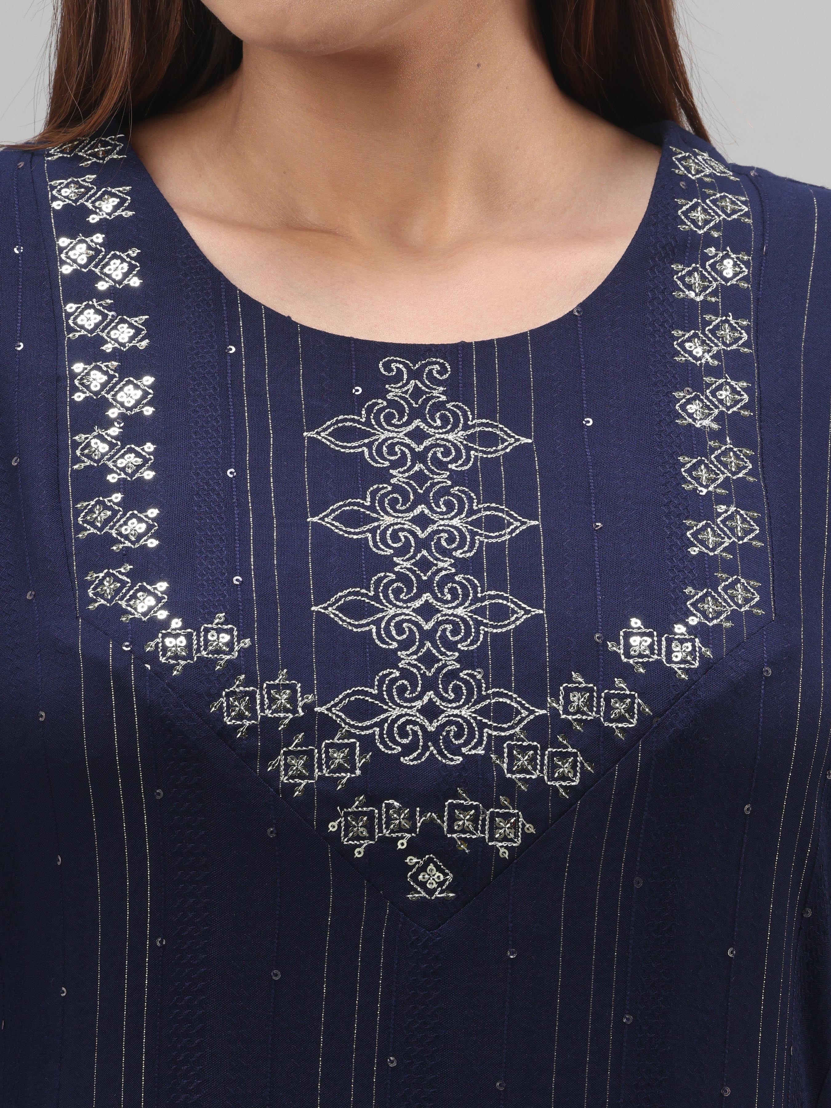 Navy Blue Viscose Kurti With Embroidery And Sequins Work