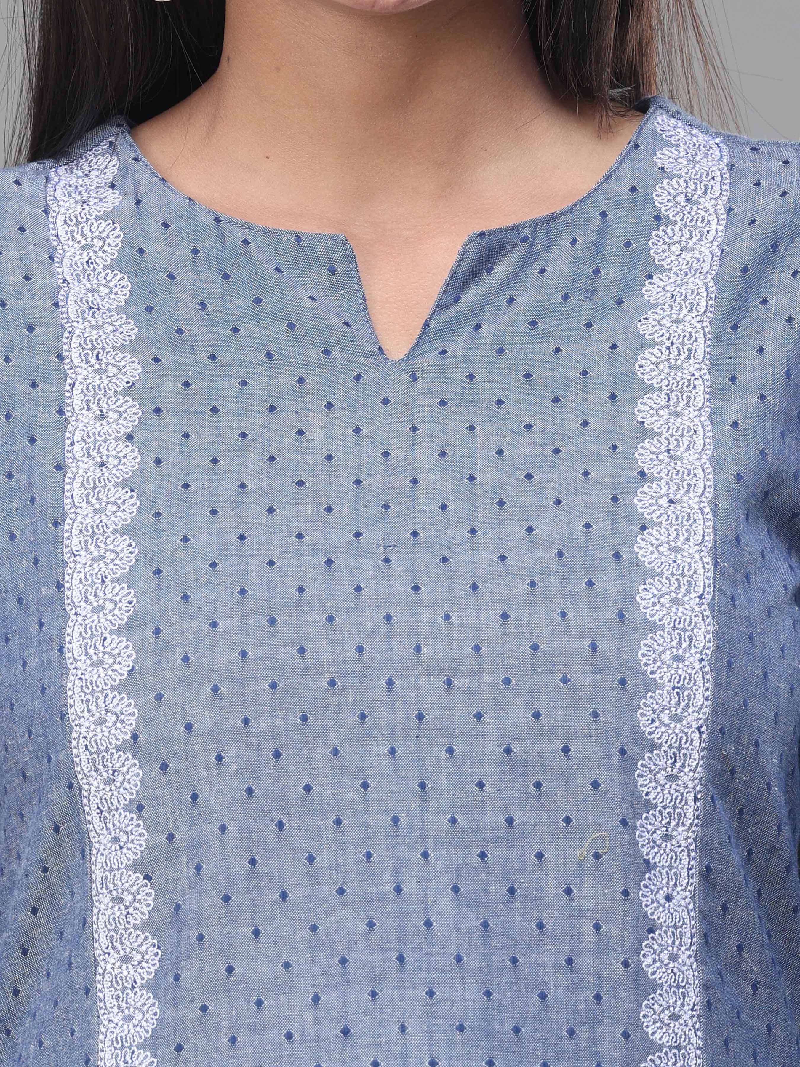 Denimblue Cotton Dobby Kurti With Embroidery