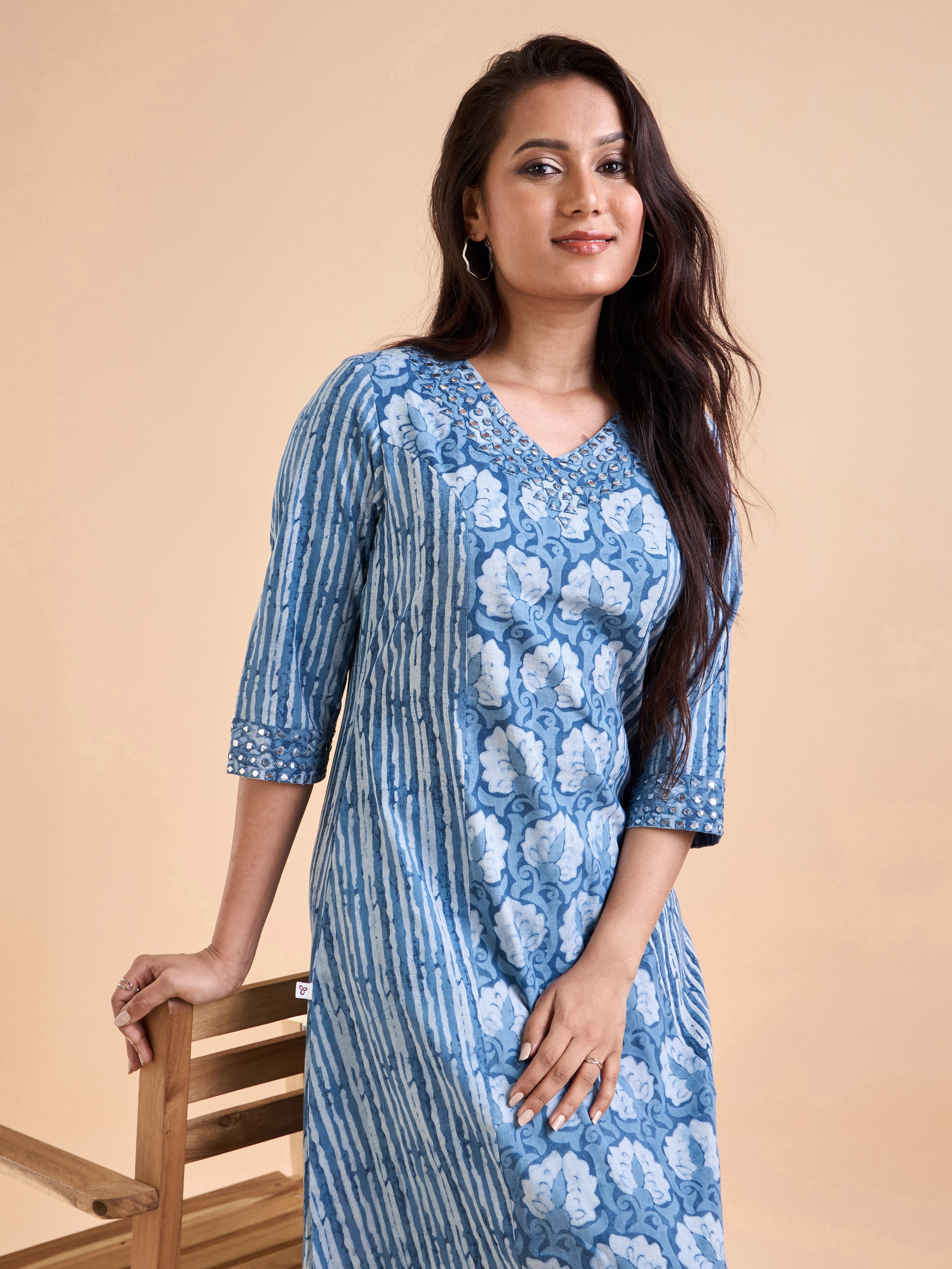 Blue Pure Cotton Printed Kurti With mirror Work