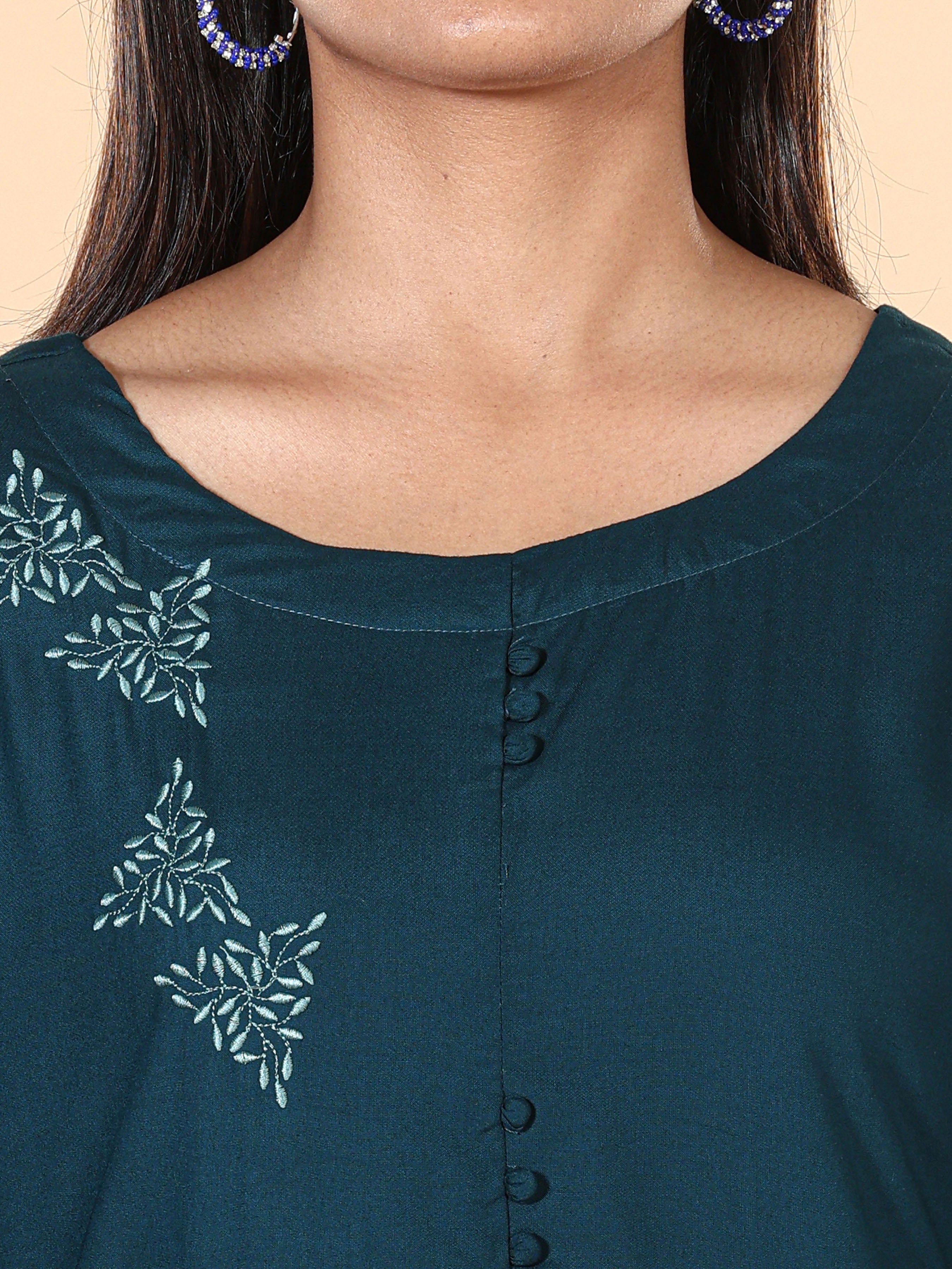Teal Blue Viscose Plain Kurti With Embroidery