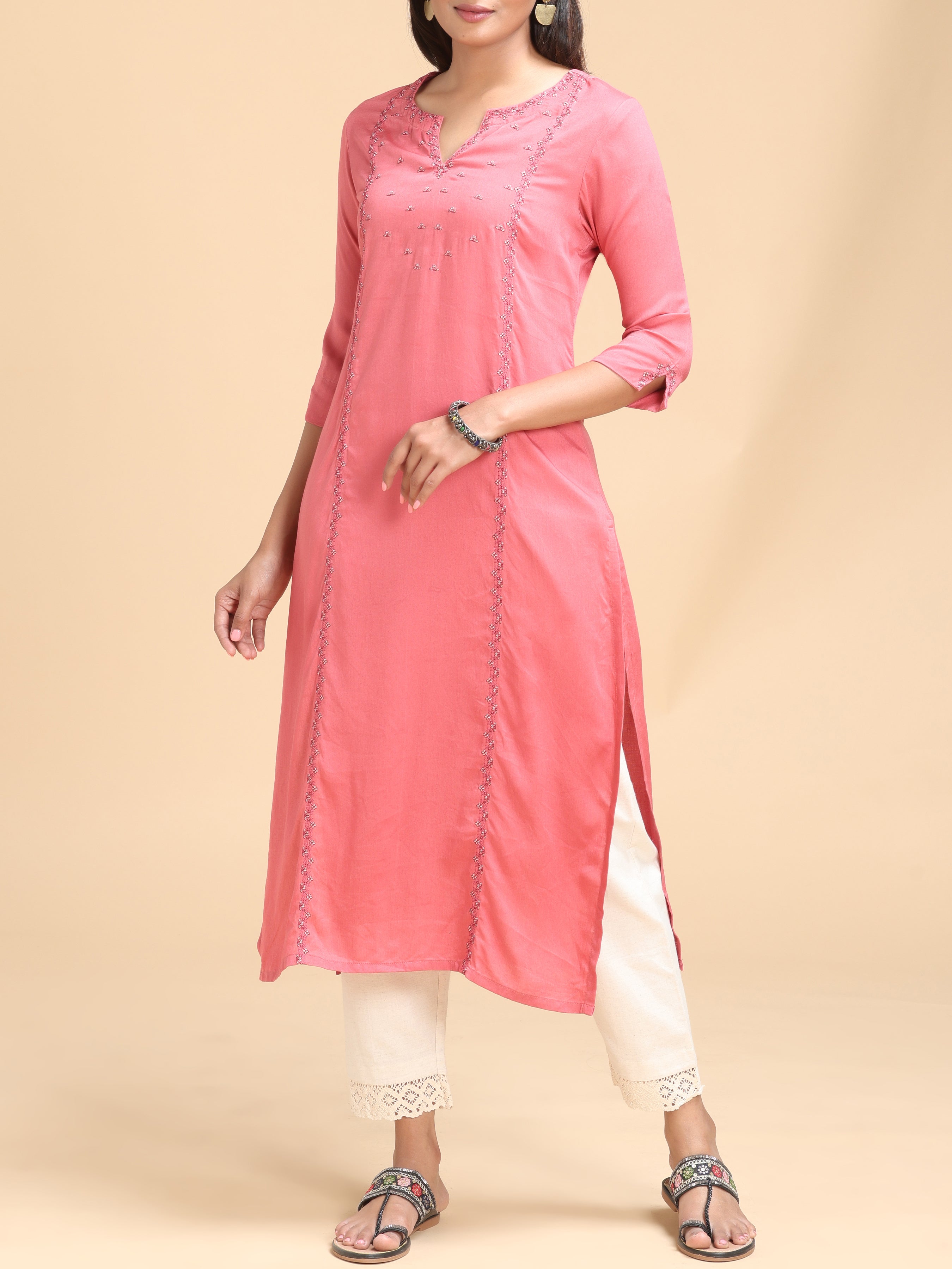 Light Pink Viscose Kurti With Embroidery