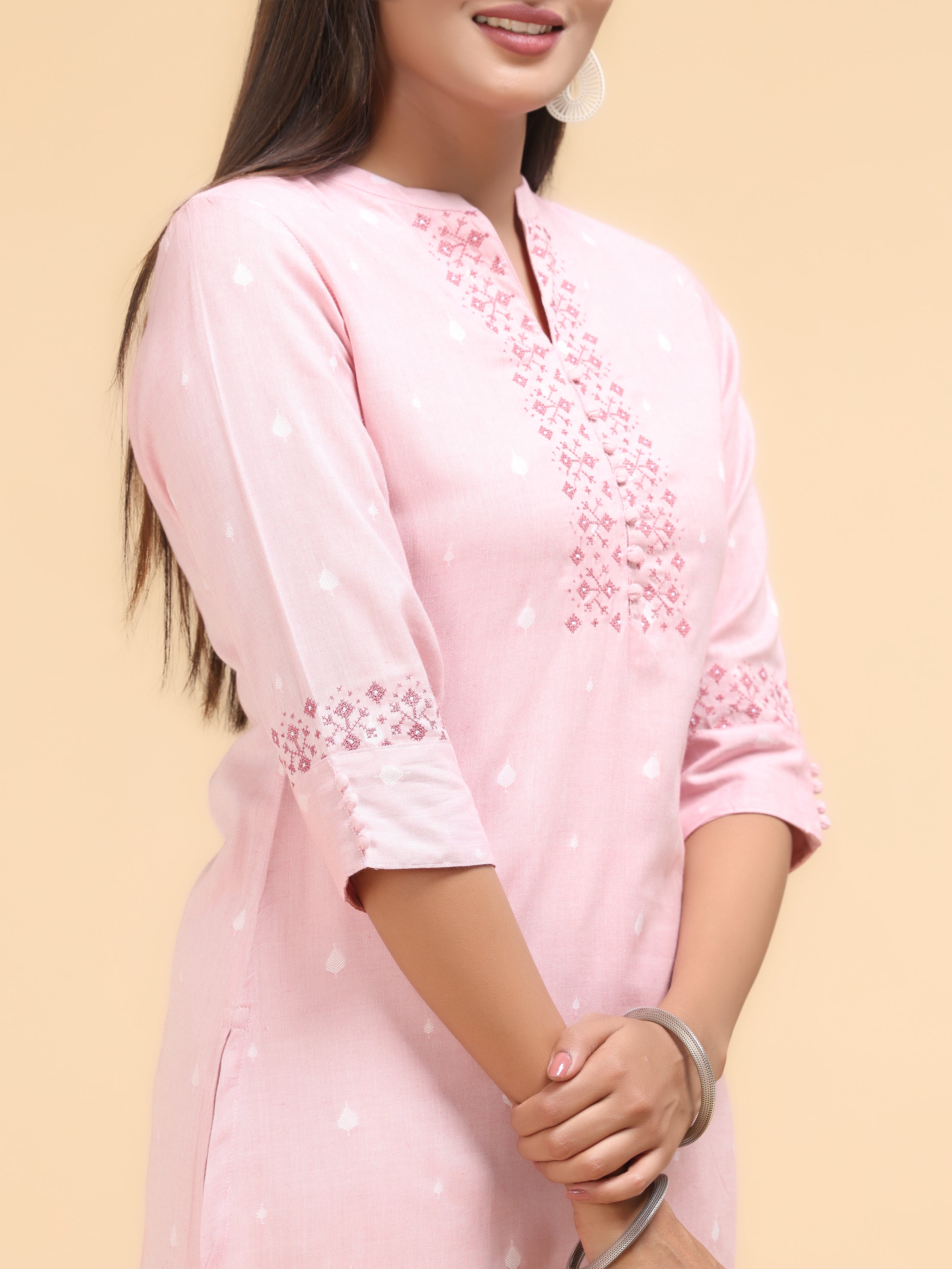 Light Pink Cotton Dobby Kurti With Embroidery