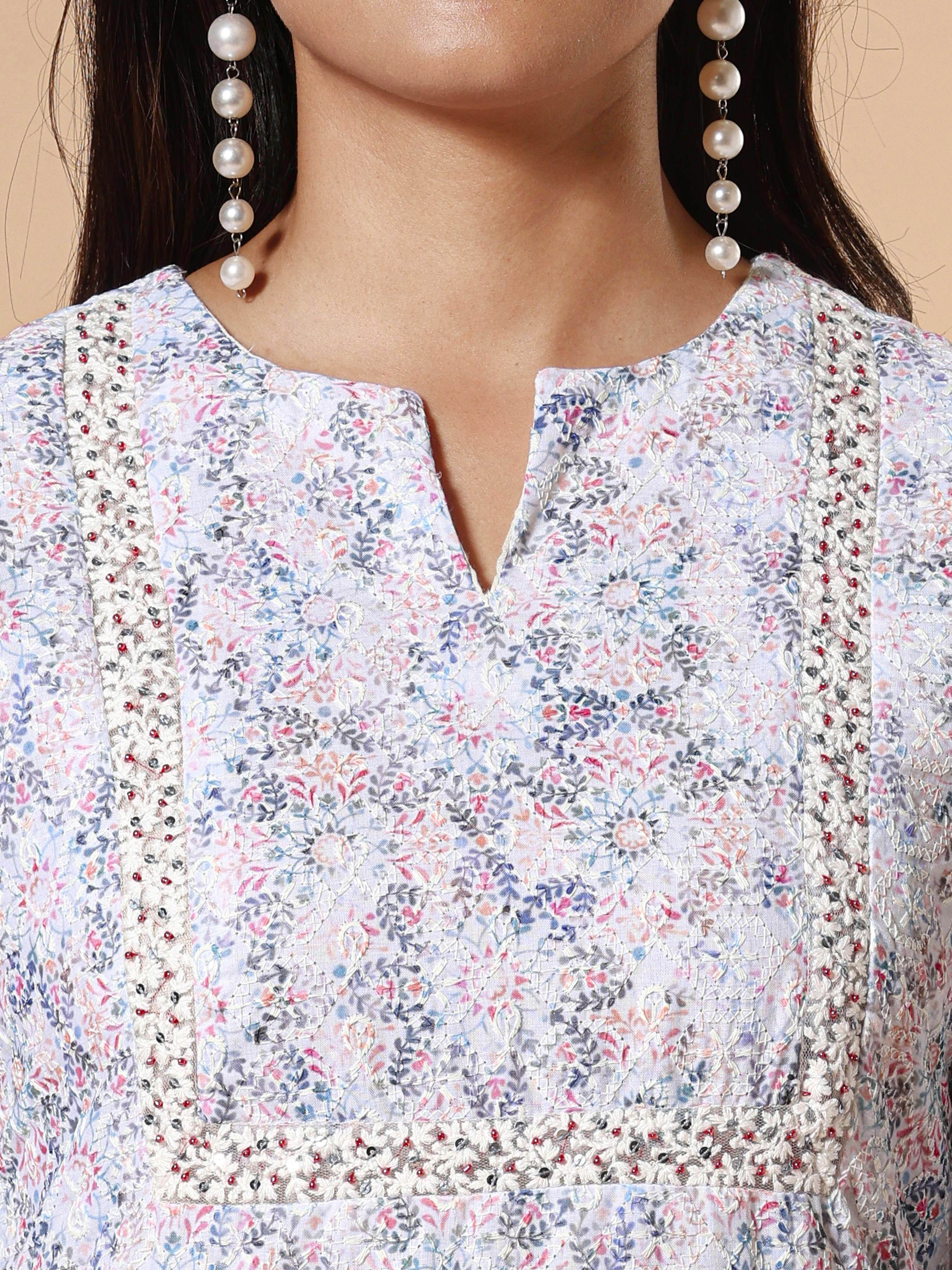 White Poly Cotton Schiffli Printed Kurti With Embroidery And Matching Bottom