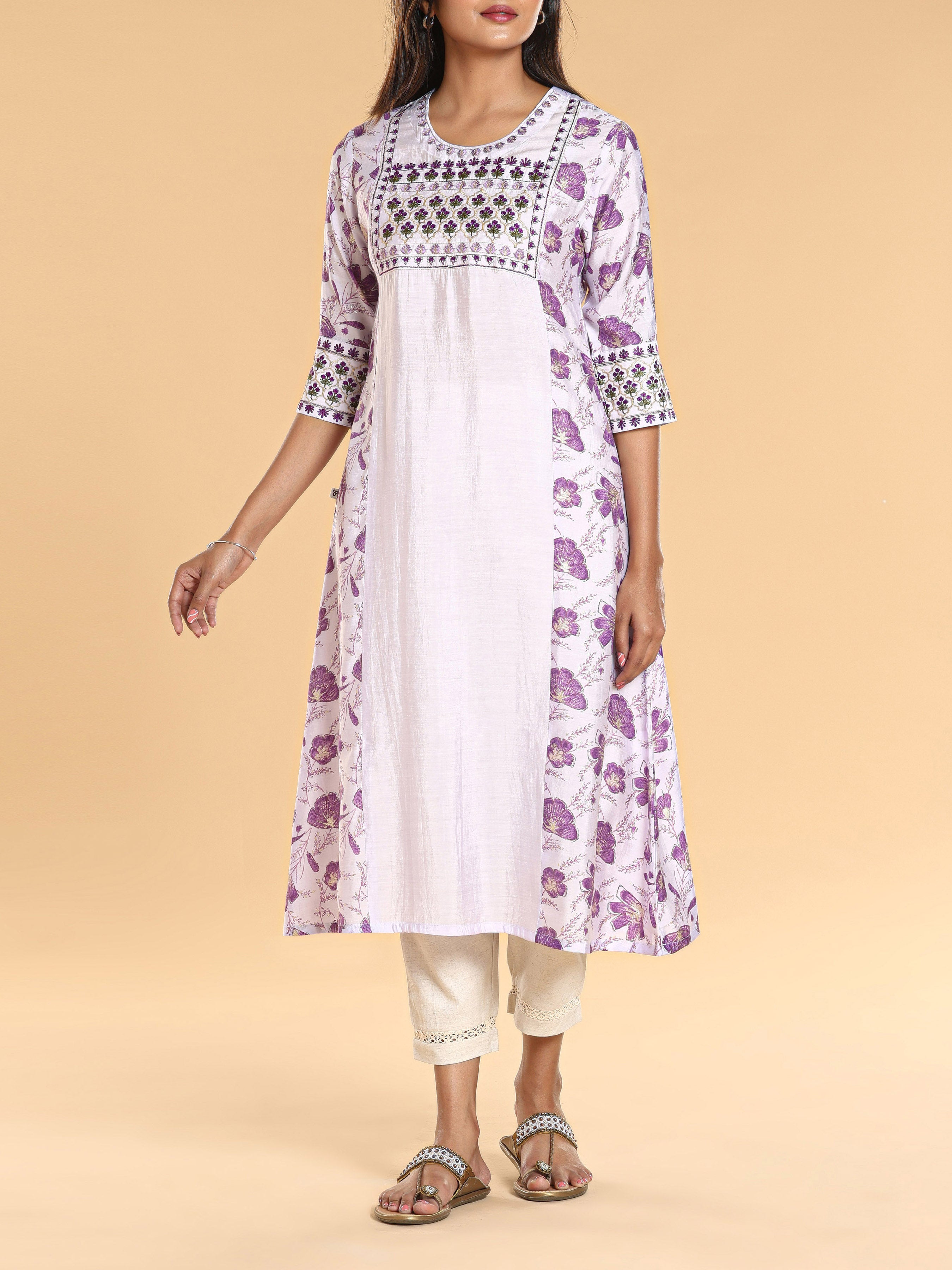Lilac Blue Modal Chanderi Printed Kurti With Embroidery