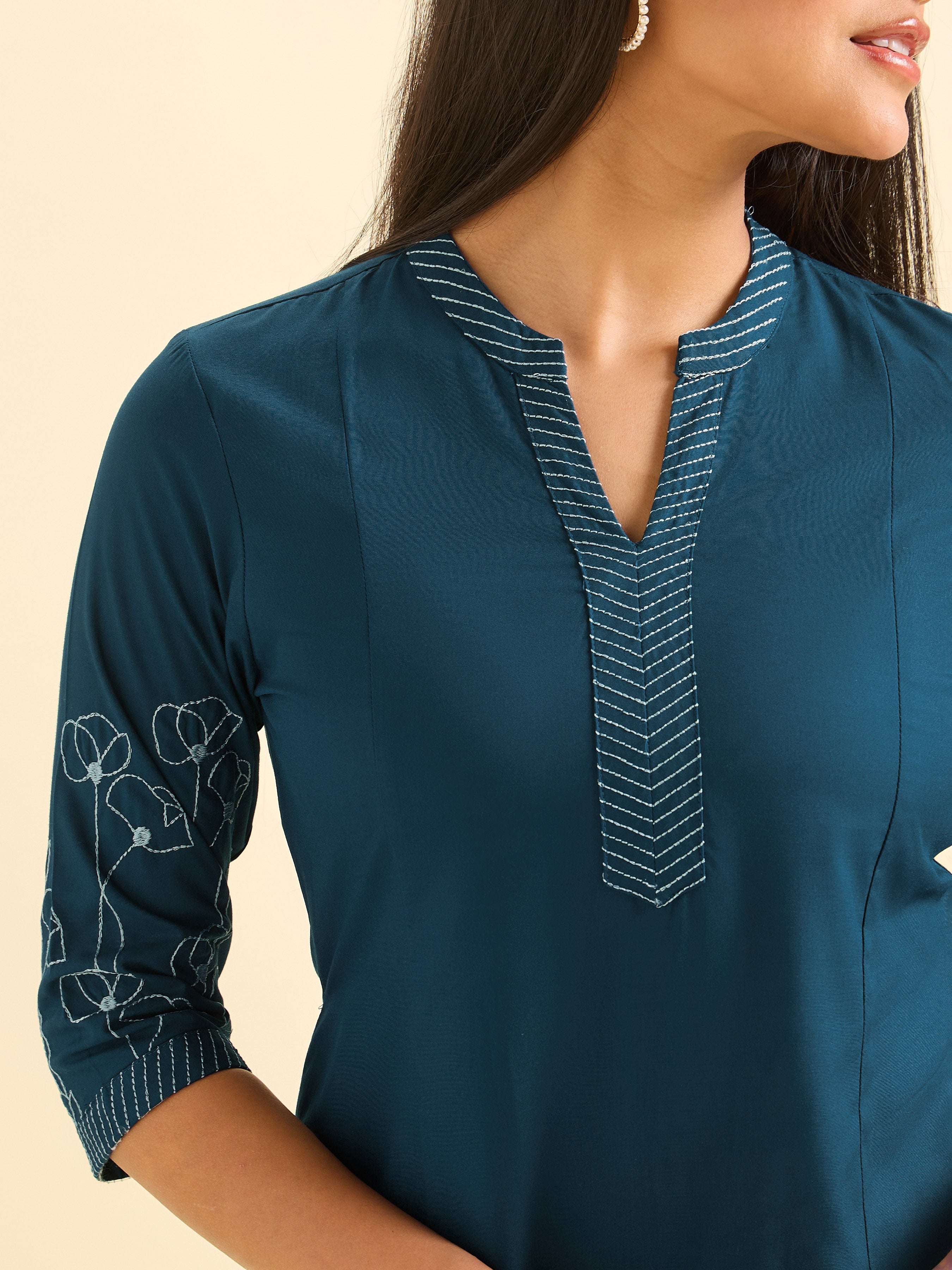 Classic Blue Viscose Plain Slitted Kurti With Embroidery