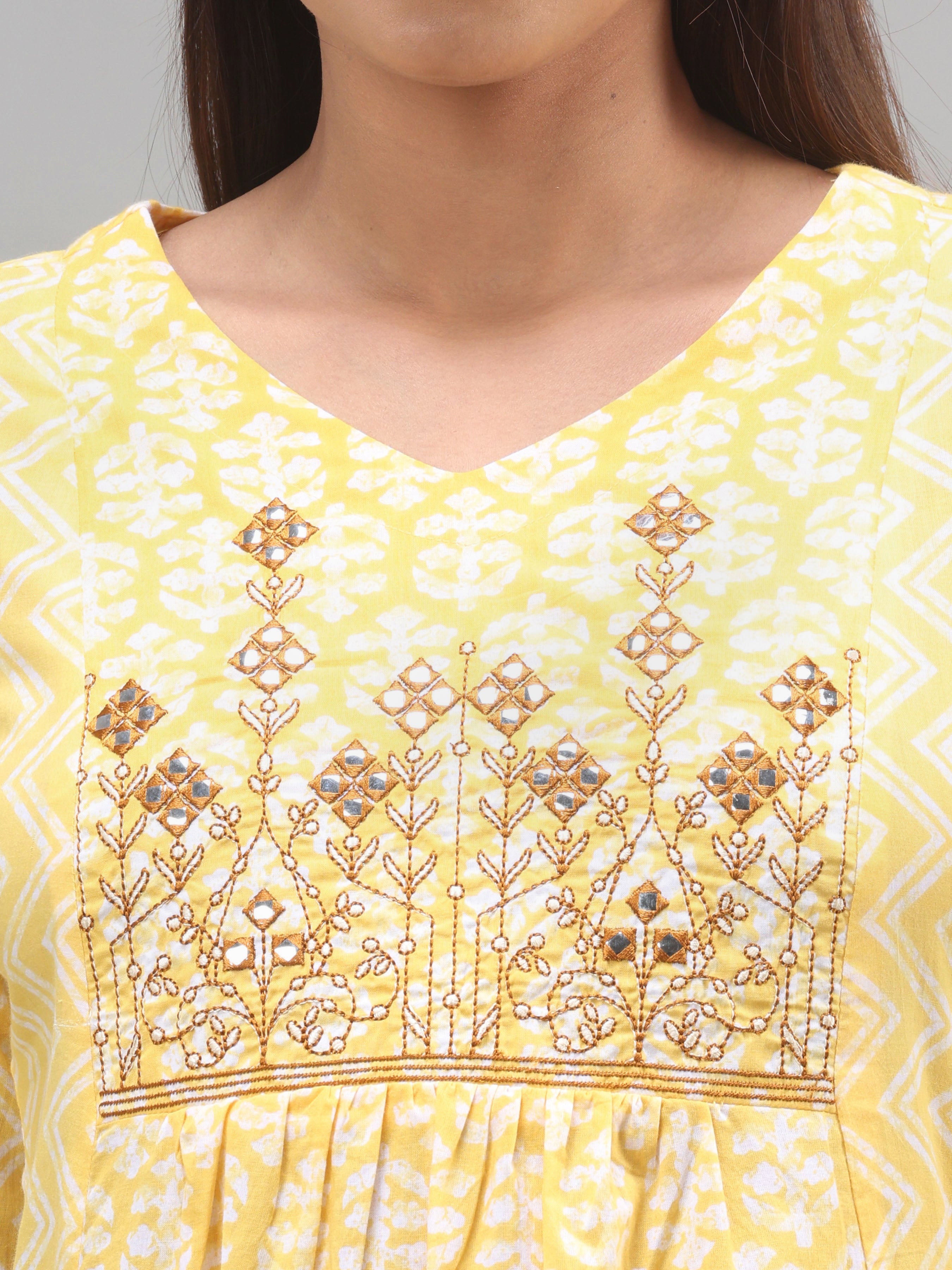 Yellow Pure Cotton Printed Kurti With Embroidery