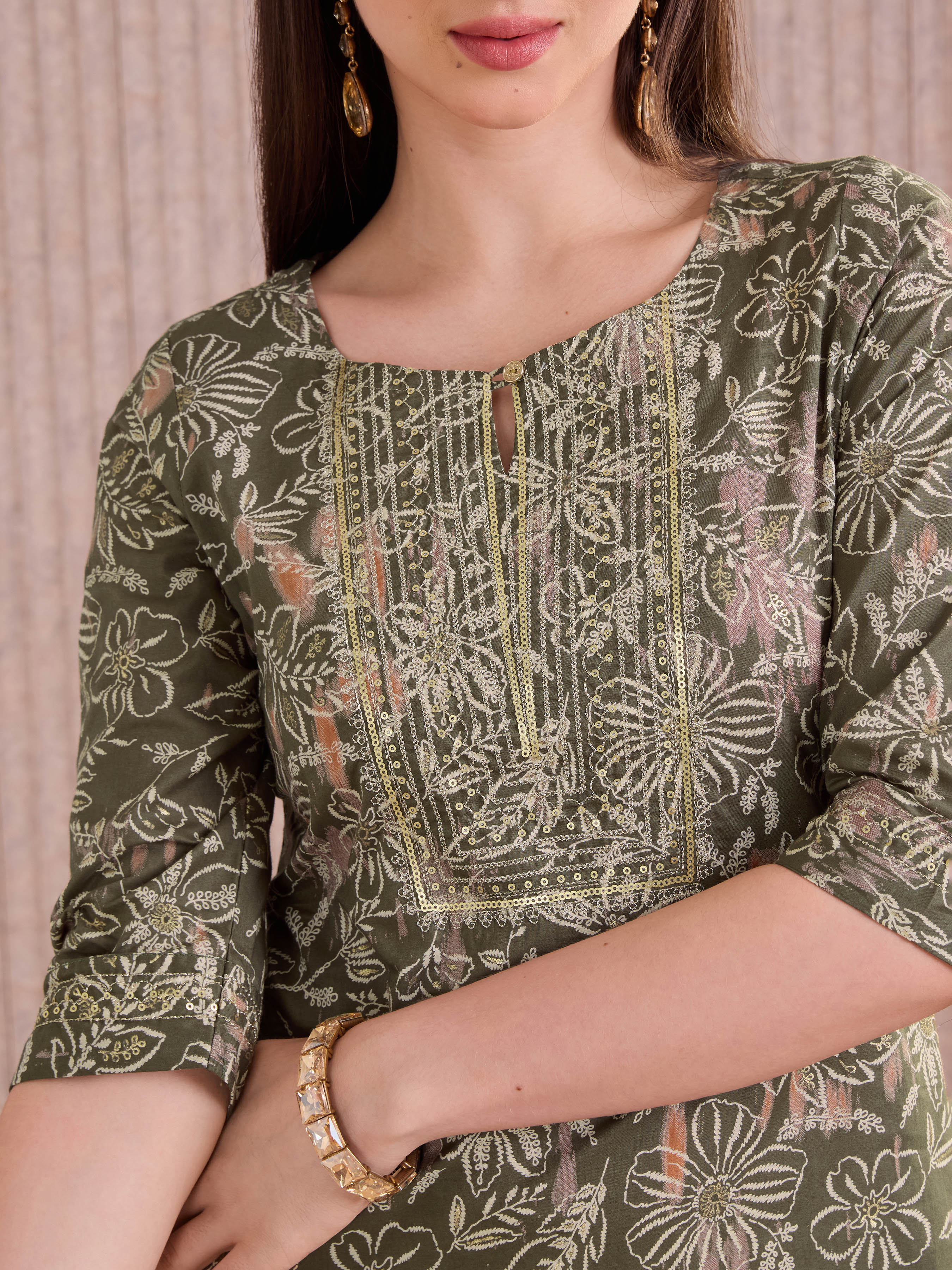 Olive Green Pure Cotton Foil Printed Kurti With Sequins Embroidery