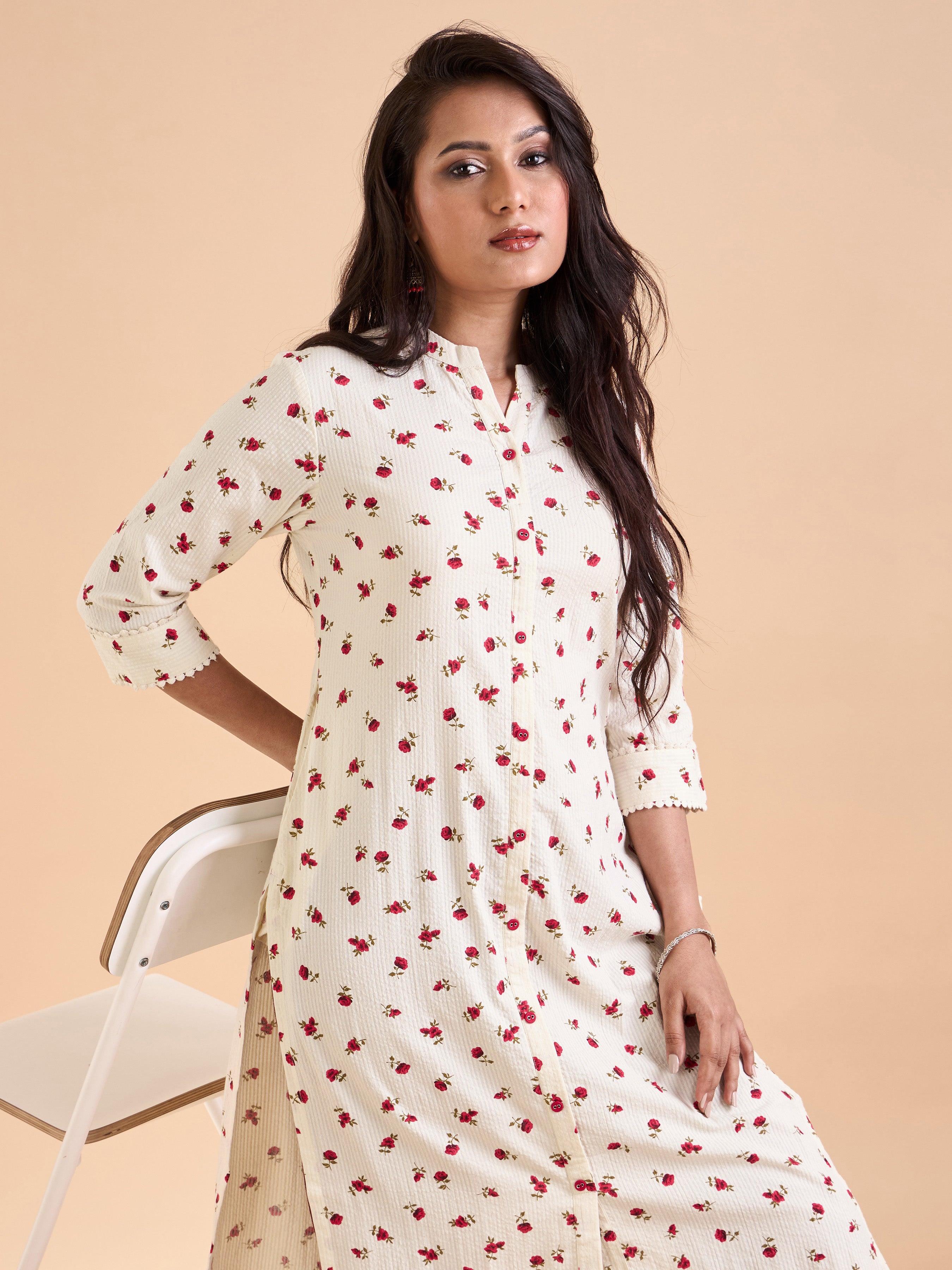 Ivory Pure Cotton Seersucker Printed Kurti With Lace