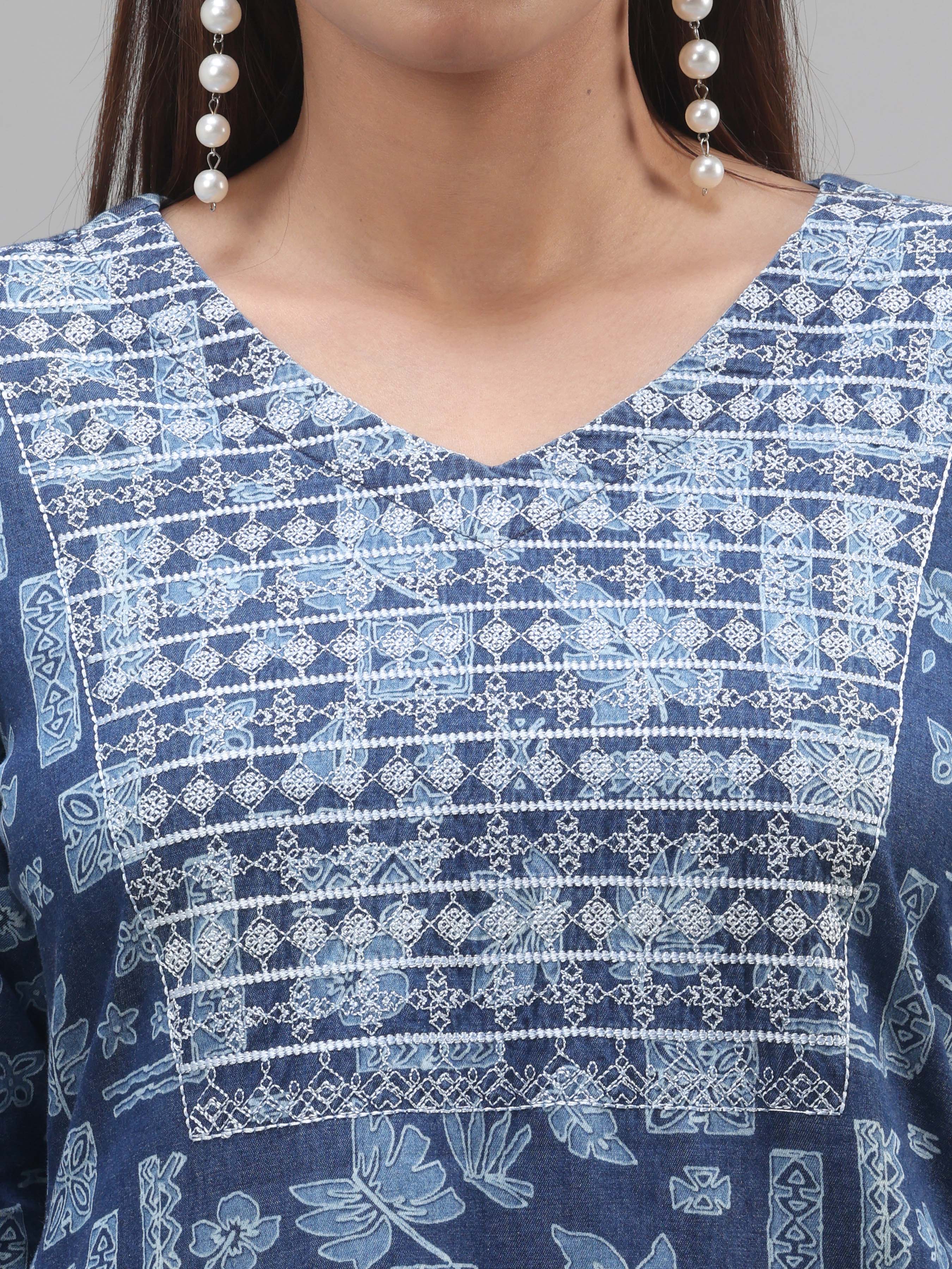 Denim Printed Kurti With Embroidery
