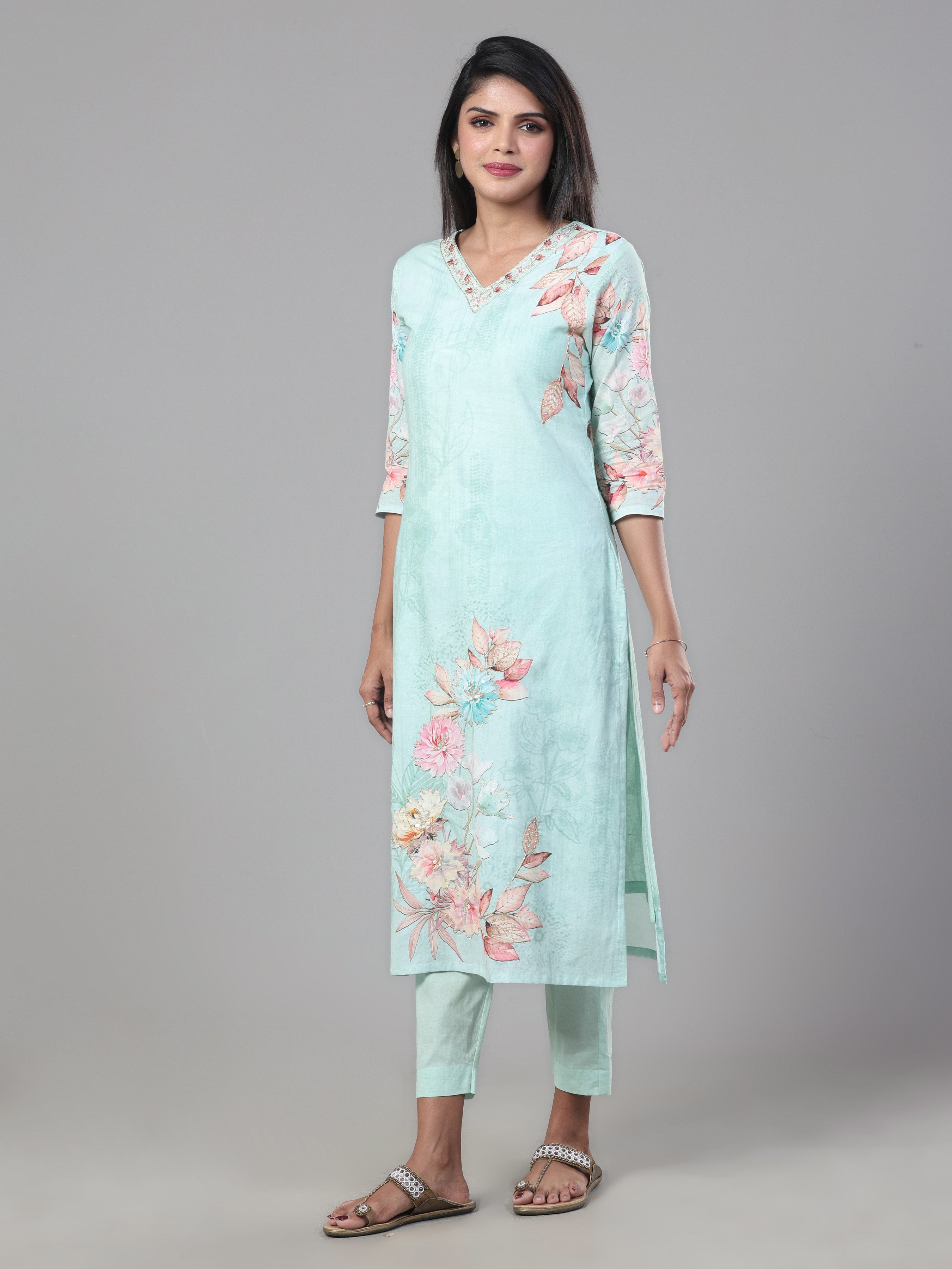 Aqua Green Pure Cotton Kurti Set & Dupatta With Hand Work