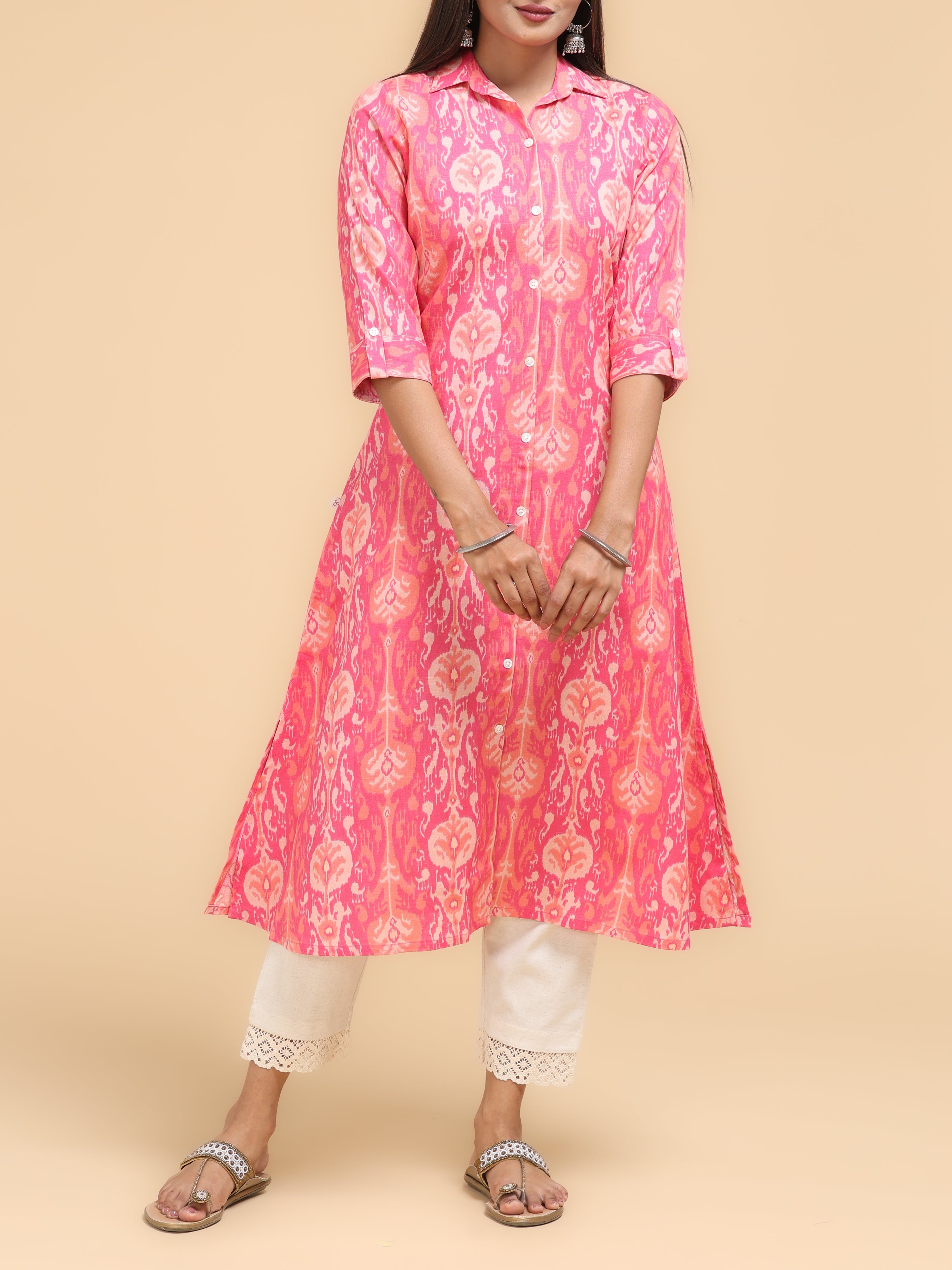 Pink Cotton Flax Printed Kurti