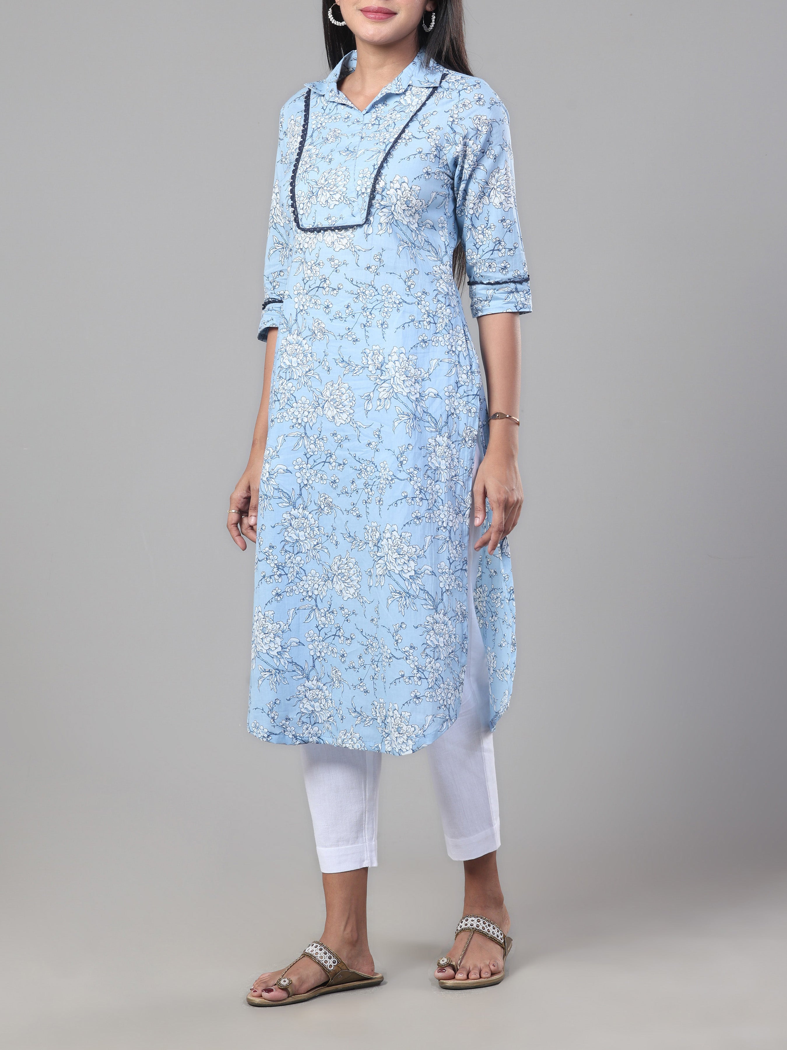 Sky Blue Pure Cotton Printed Kurti With Lace Detailing