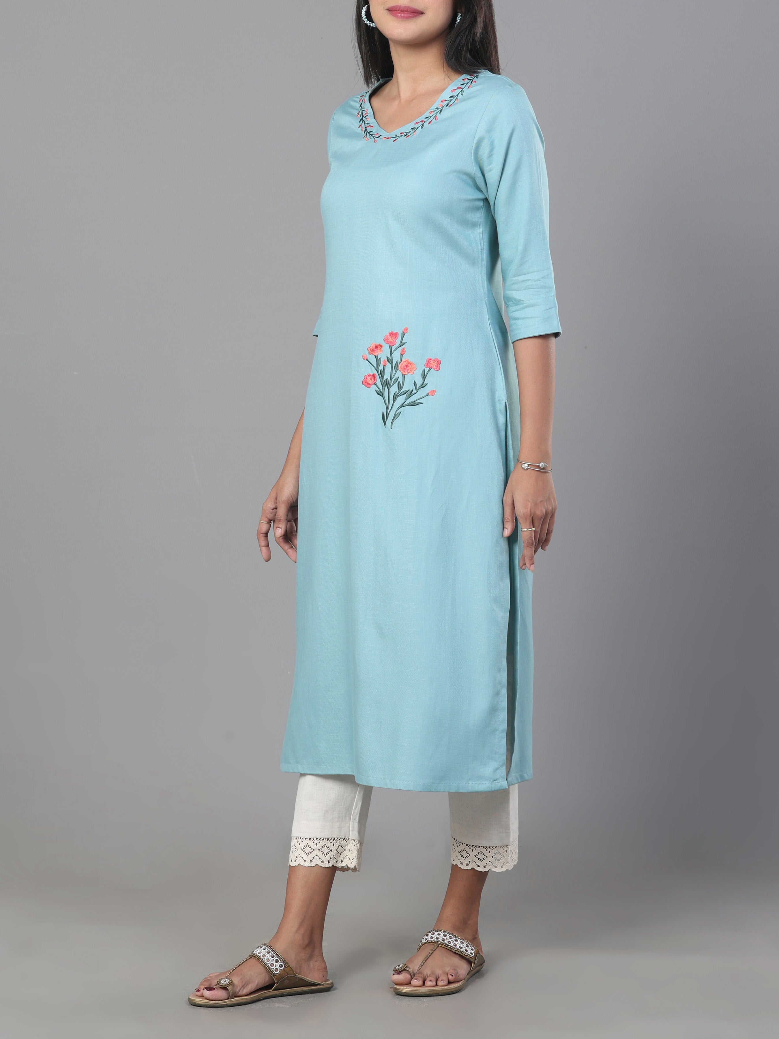 Light Blue Viscose Twill Plain Kurti With Embroidery