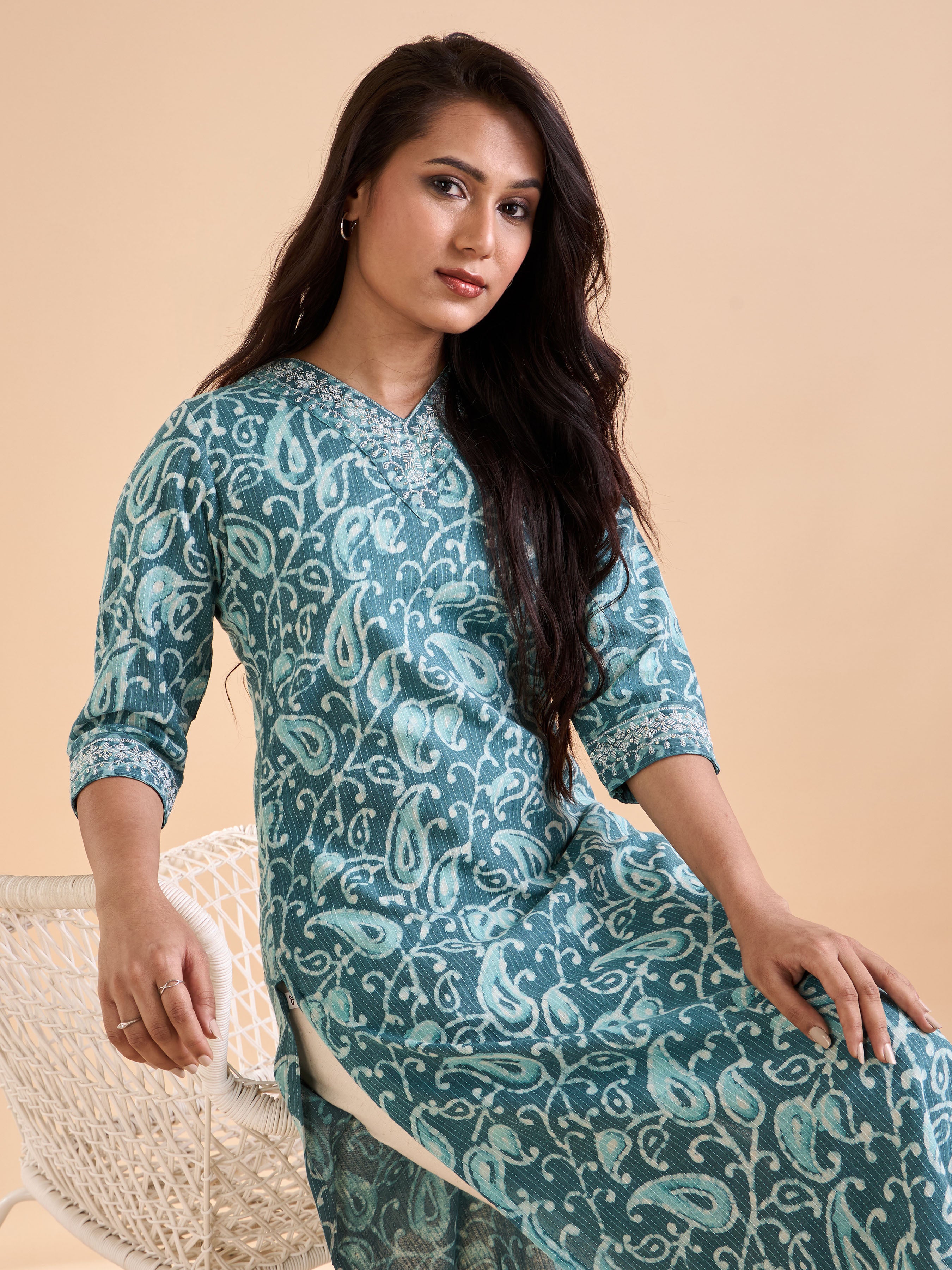 Aqua green Cotton Katha Printed Kurti With Embroidery Sequins Work