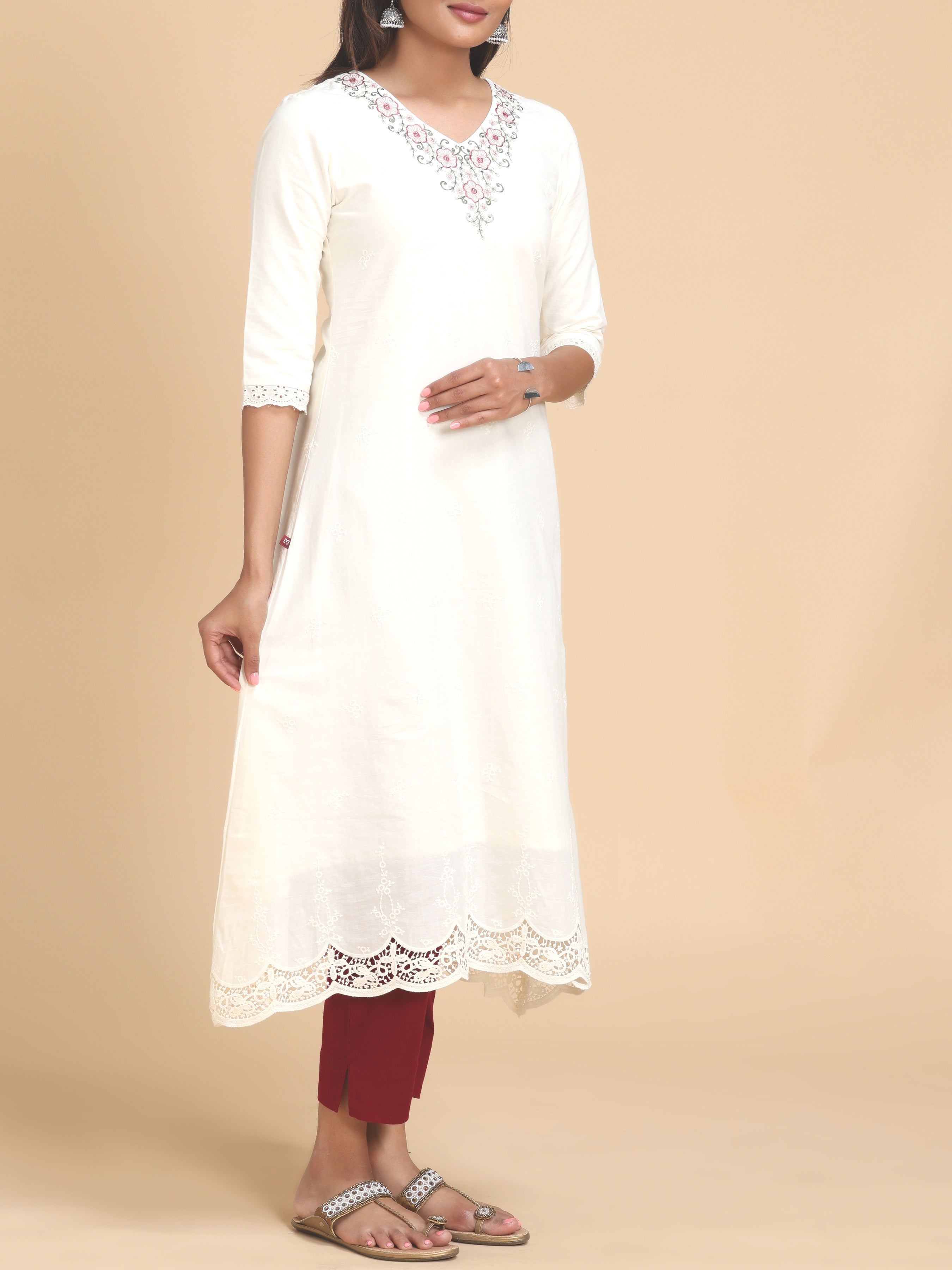 Off White Pure Cotton Kurti With Embroidery